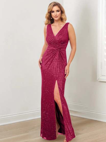 Floor-Length V-Neck Sheath/Column Gowns for the Mother of the Bride