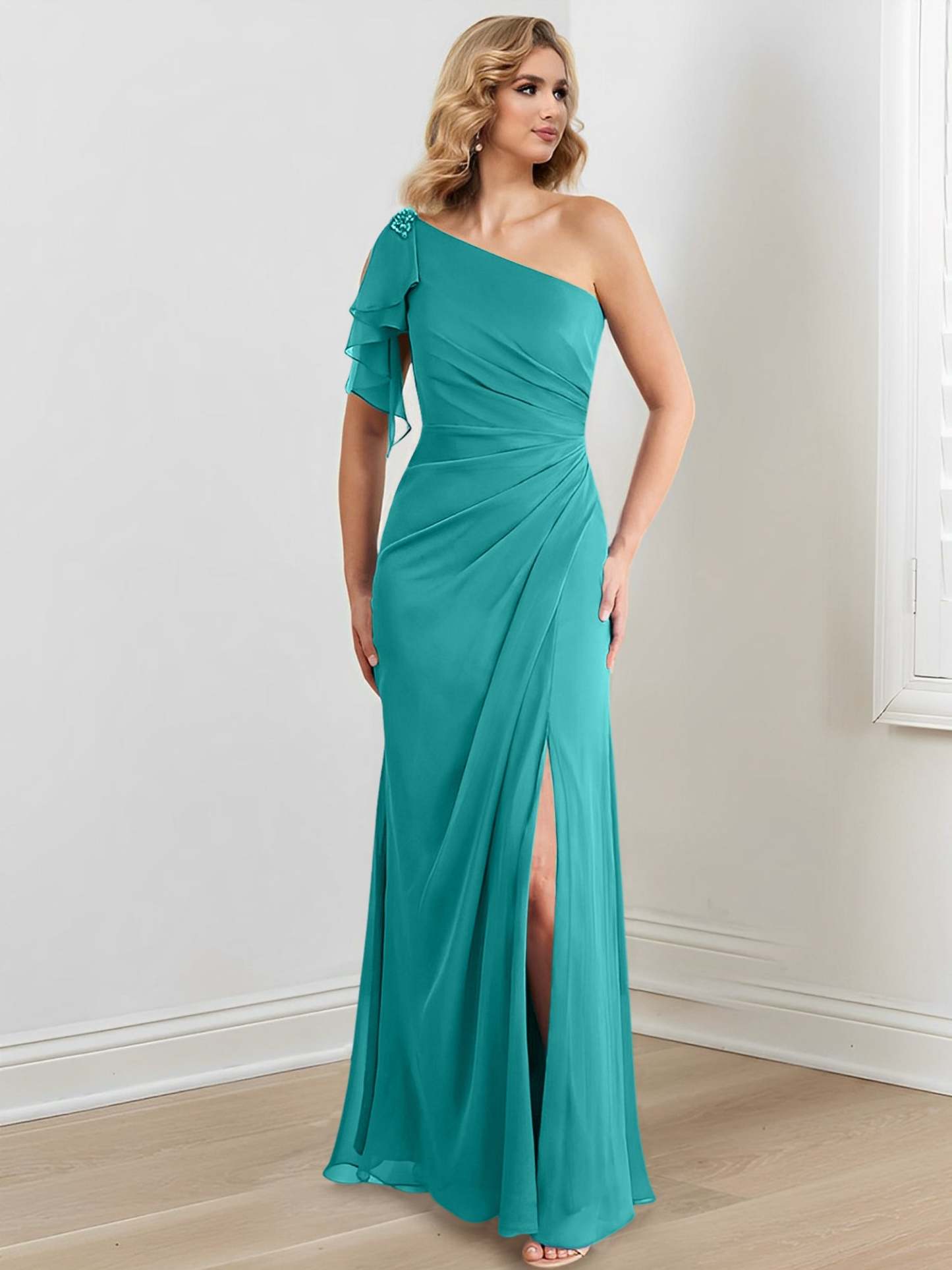 Elegant One-Shoulder Floor-Length Sheath/Column Gown for the Mother of the Bride