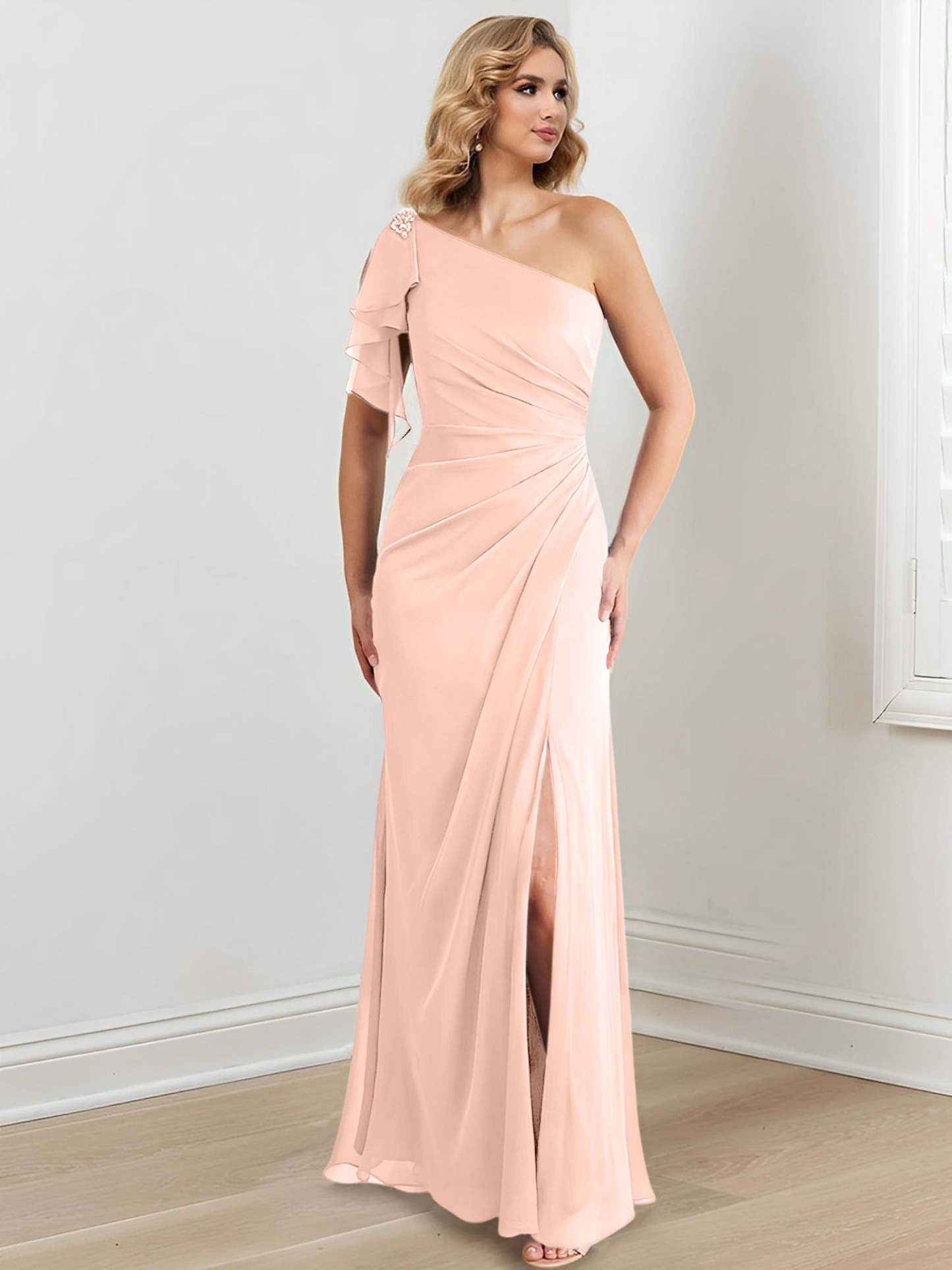 Elegant One-Shoulder Floor-Length Sheath/Column Gown for the Mother of the Bride