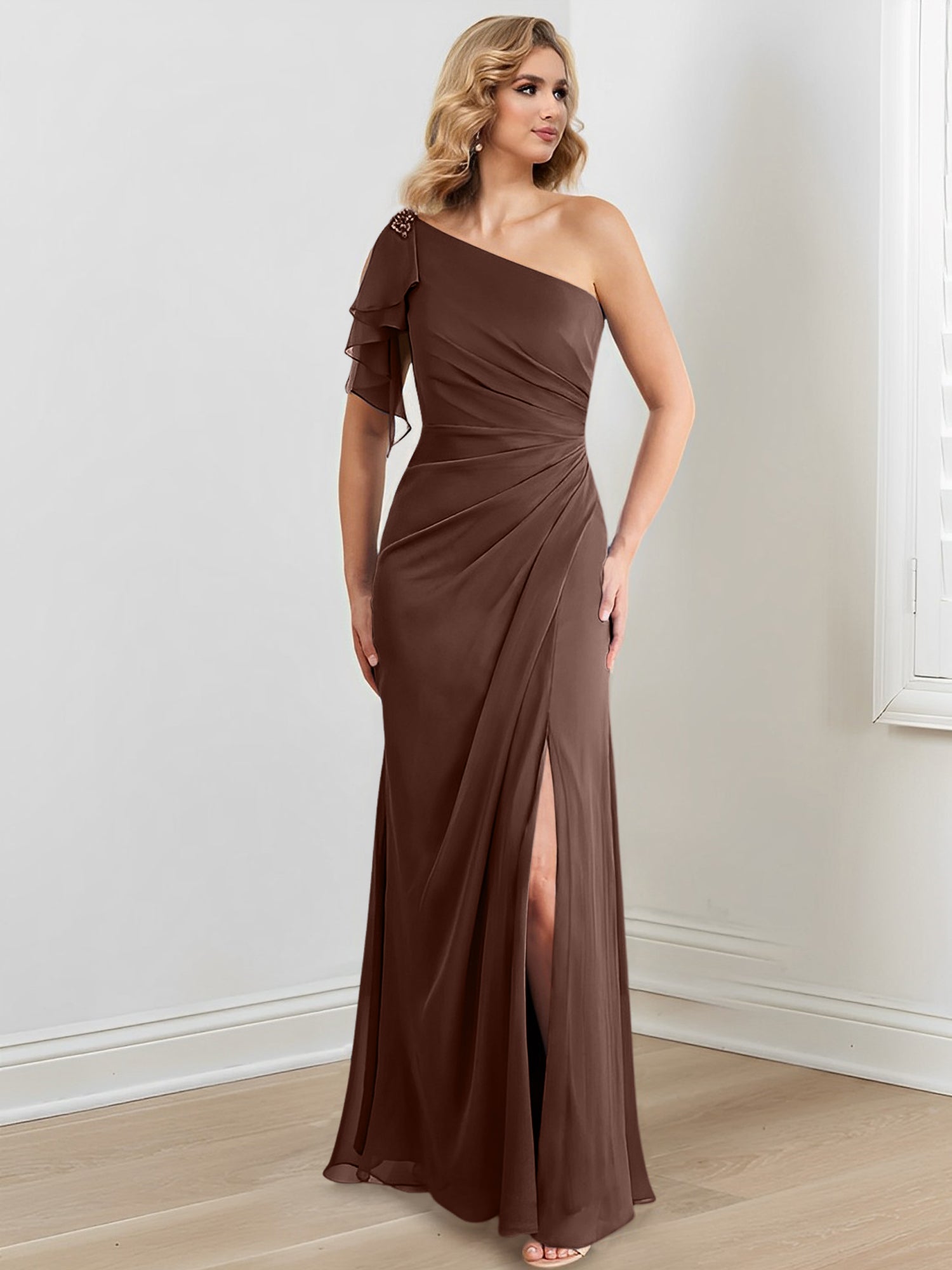 Elegant One-Shoulder Floor-Length Sheath/Column Gown for the Mother of the Bride