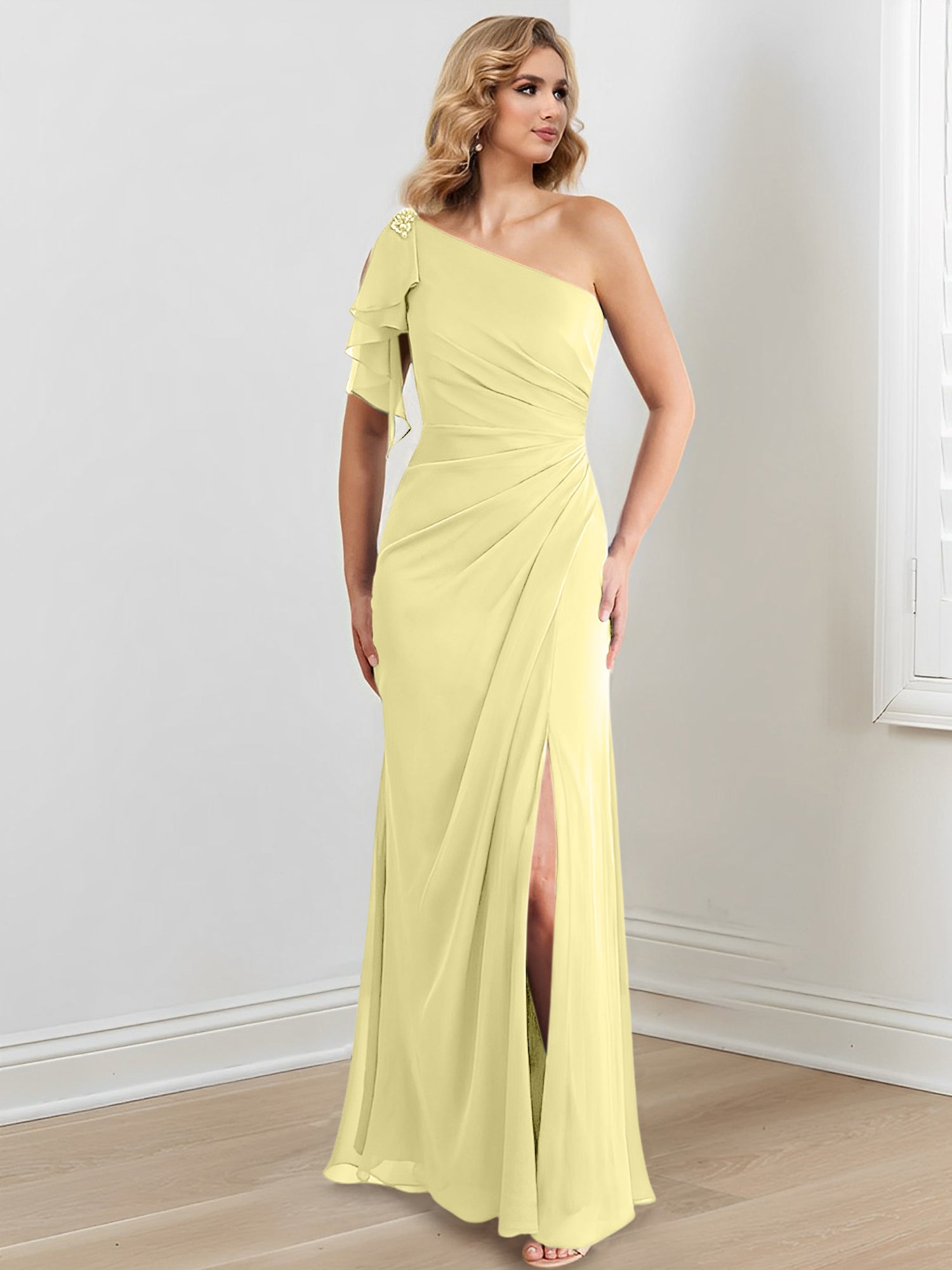 Elegant One-Shoulder Floor-Length Sheath/Column Gown for the Mother of the Bride
