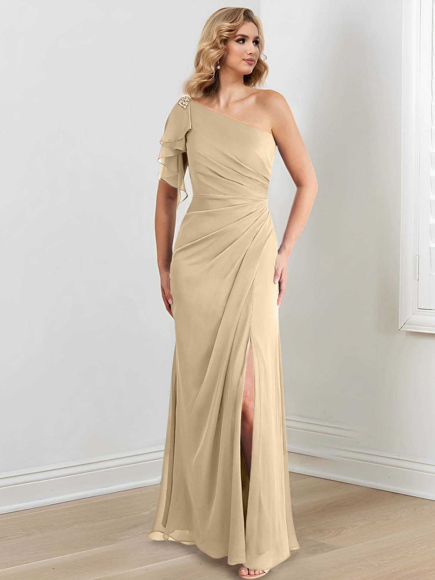 Elegant One-Shoulder Floor-Length Sheath/Column Gown for the Mother of the Bride