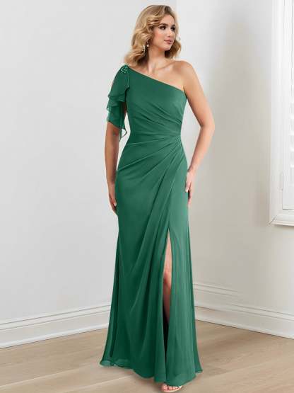 Elegant One-Shoulder Floor-Length Sheath/Column Gown for the Mother of the Bride