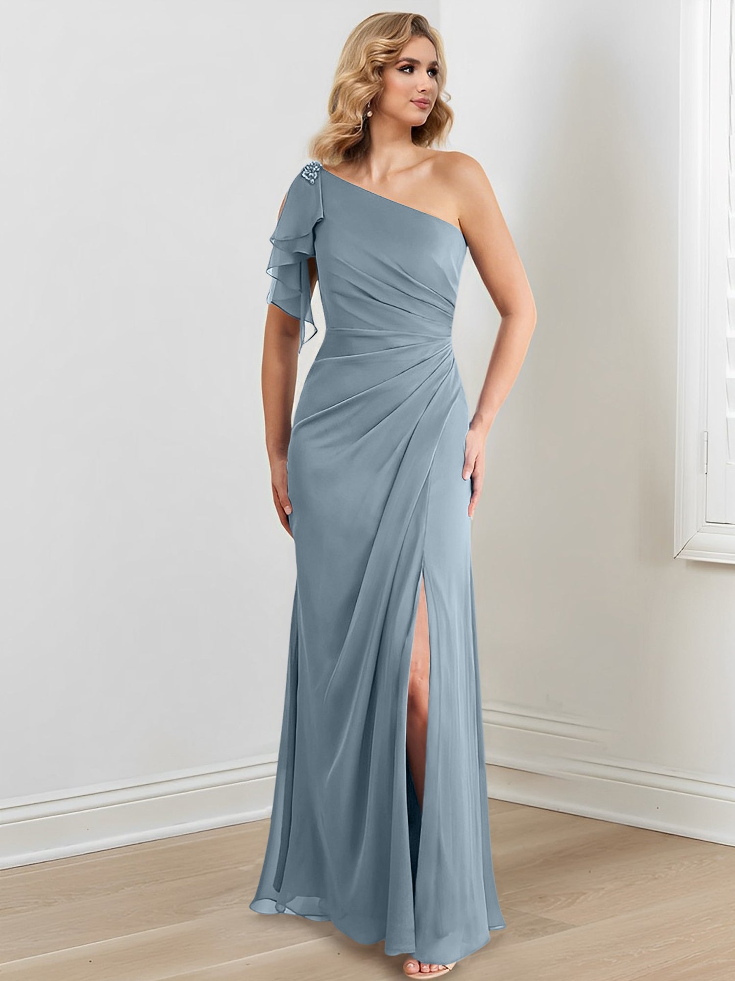 Elegant One-Shoulder Floor-Length Sheath/Column Gown for the Mother of the Bride