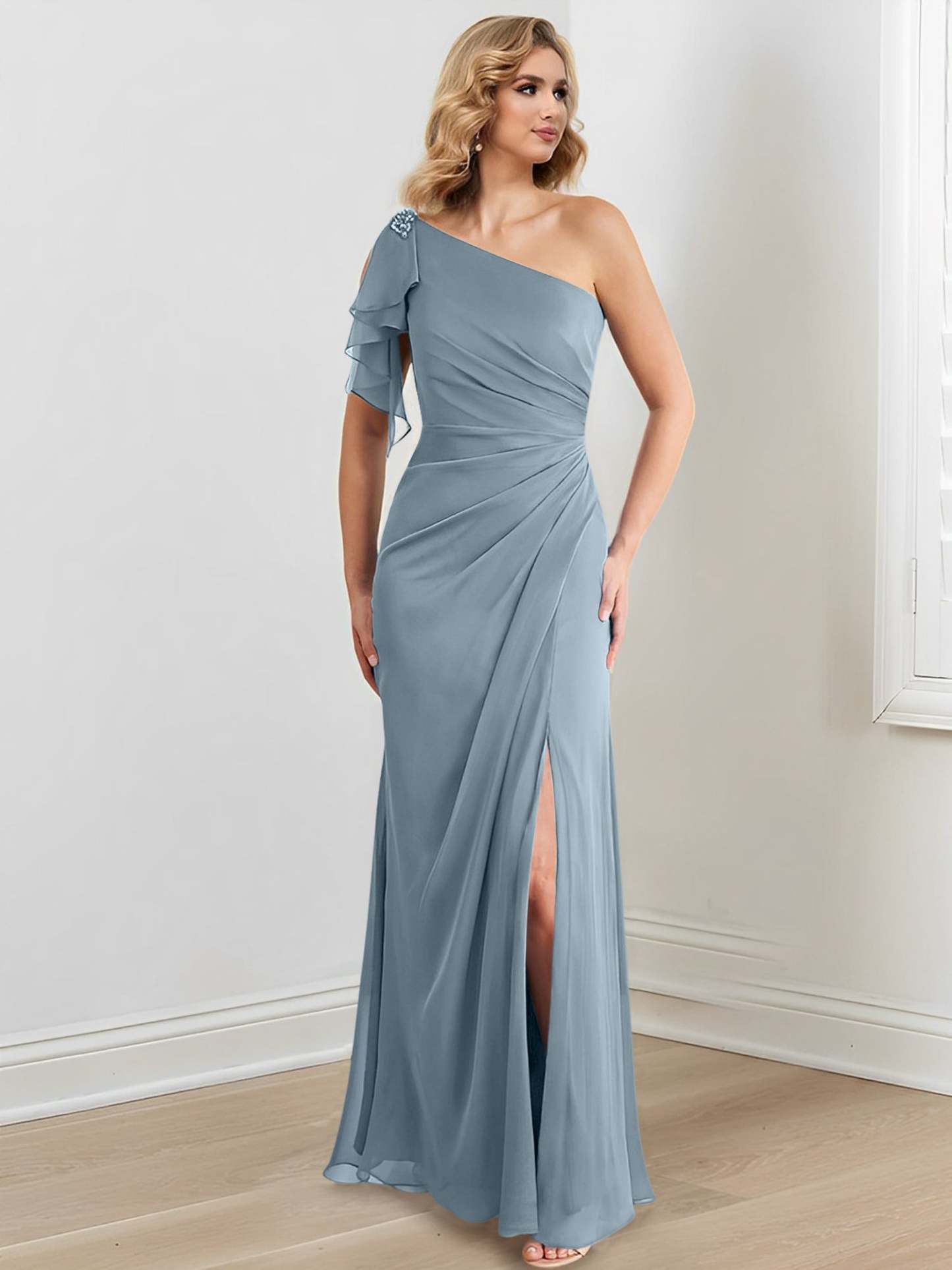 Elegant One-Shoulder Floor-Length Sheath/Column Gown for the Mother of the Bride