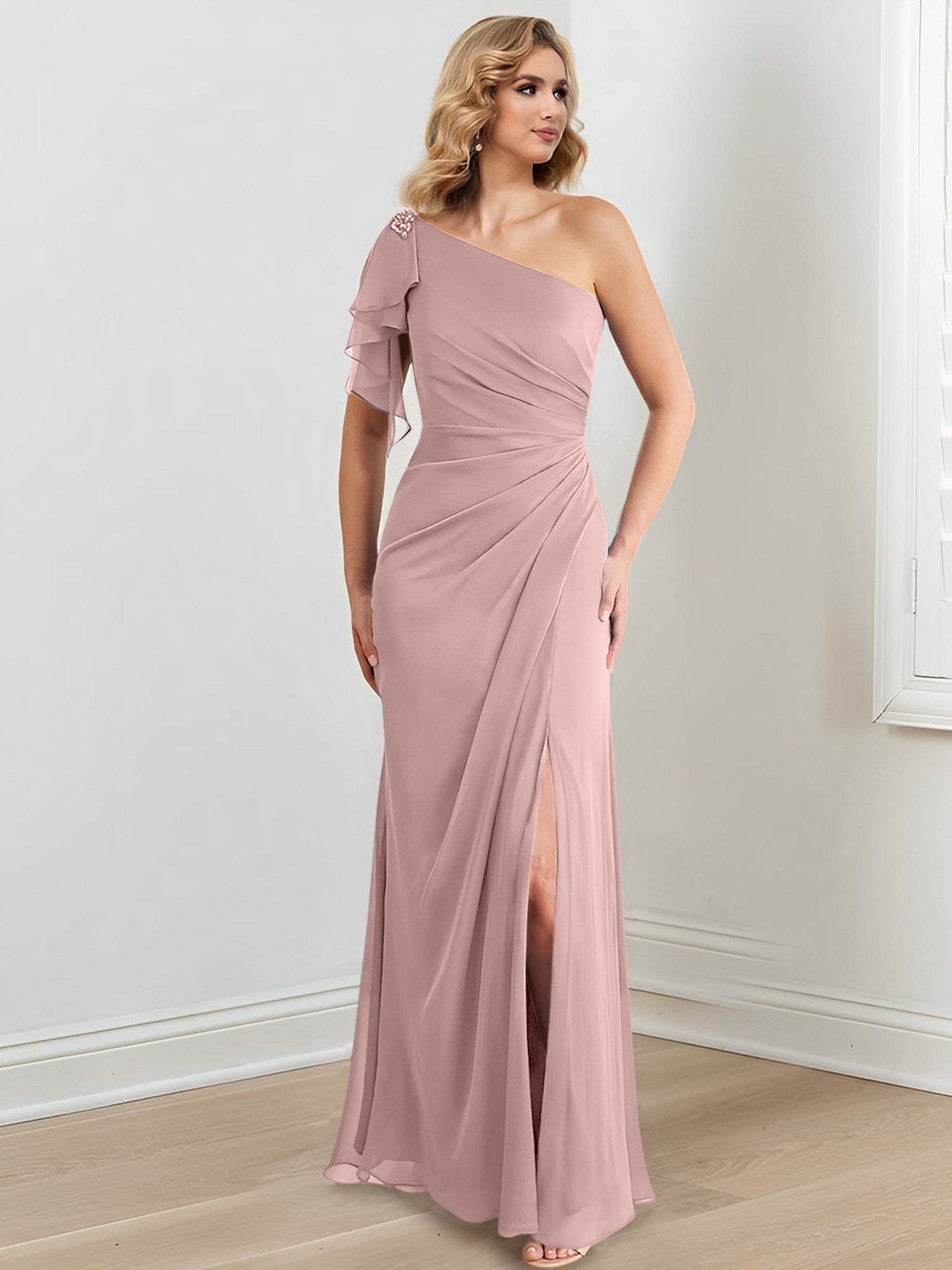 Elegant One-Shoulder Floor-Length Sheath/Column Gown for the Mother of the Bride