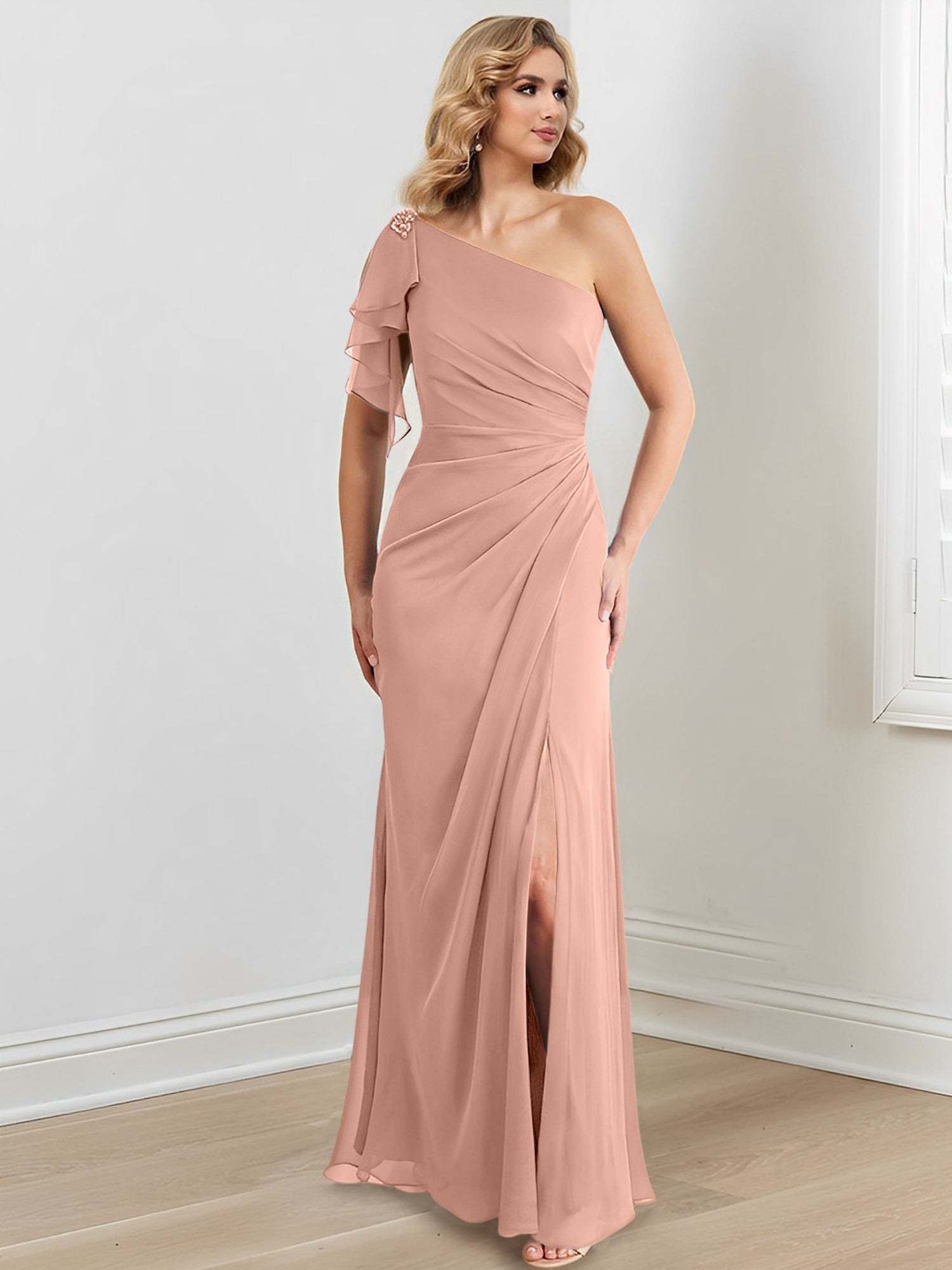 Elegant One-Shoulder Floor-Length Sheath/Column Gown for the Mother of the Bride