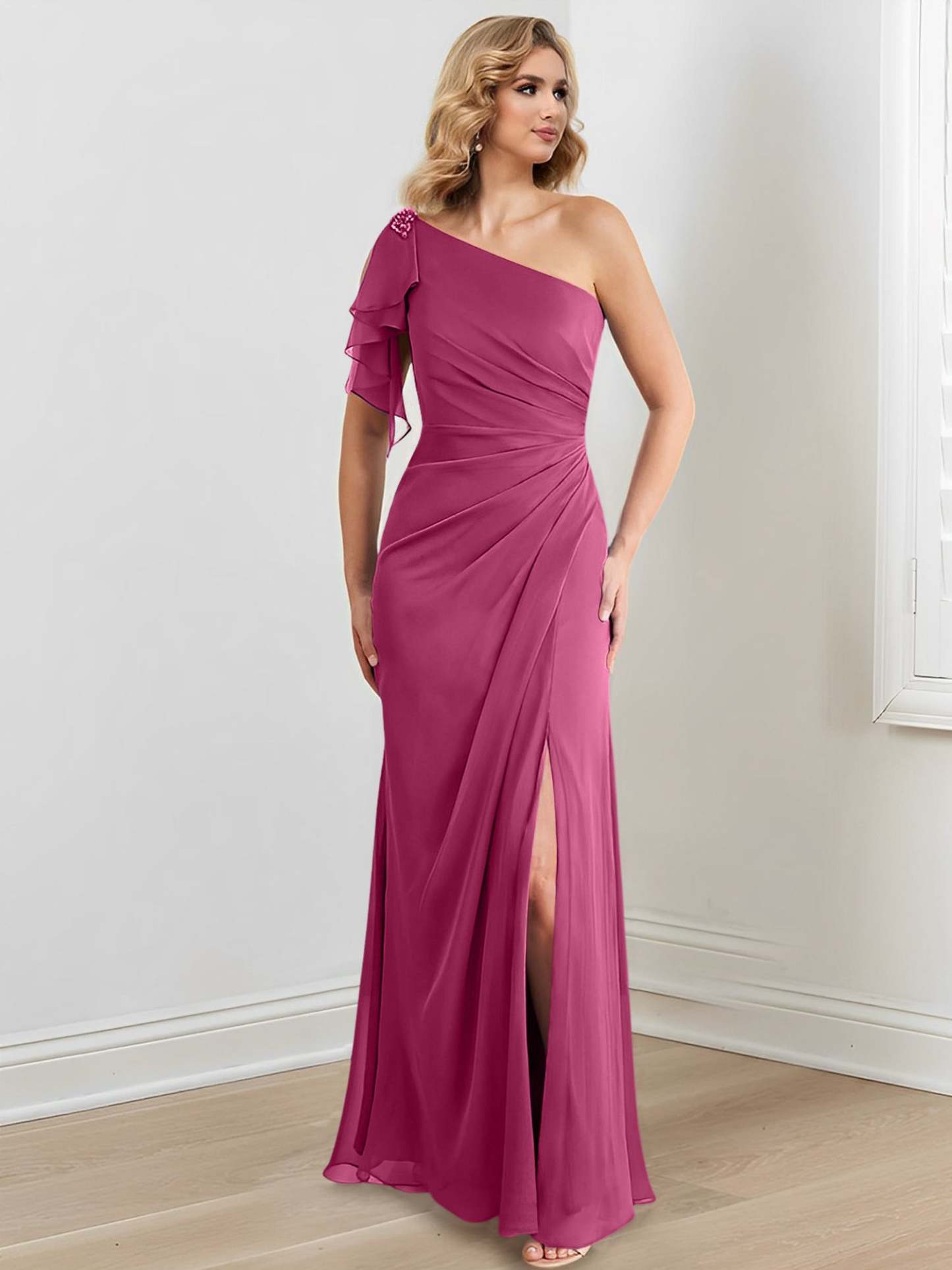 Elegant One-Shoulder Floor-Length Sheath/Column Gown for the Mother of the Bride