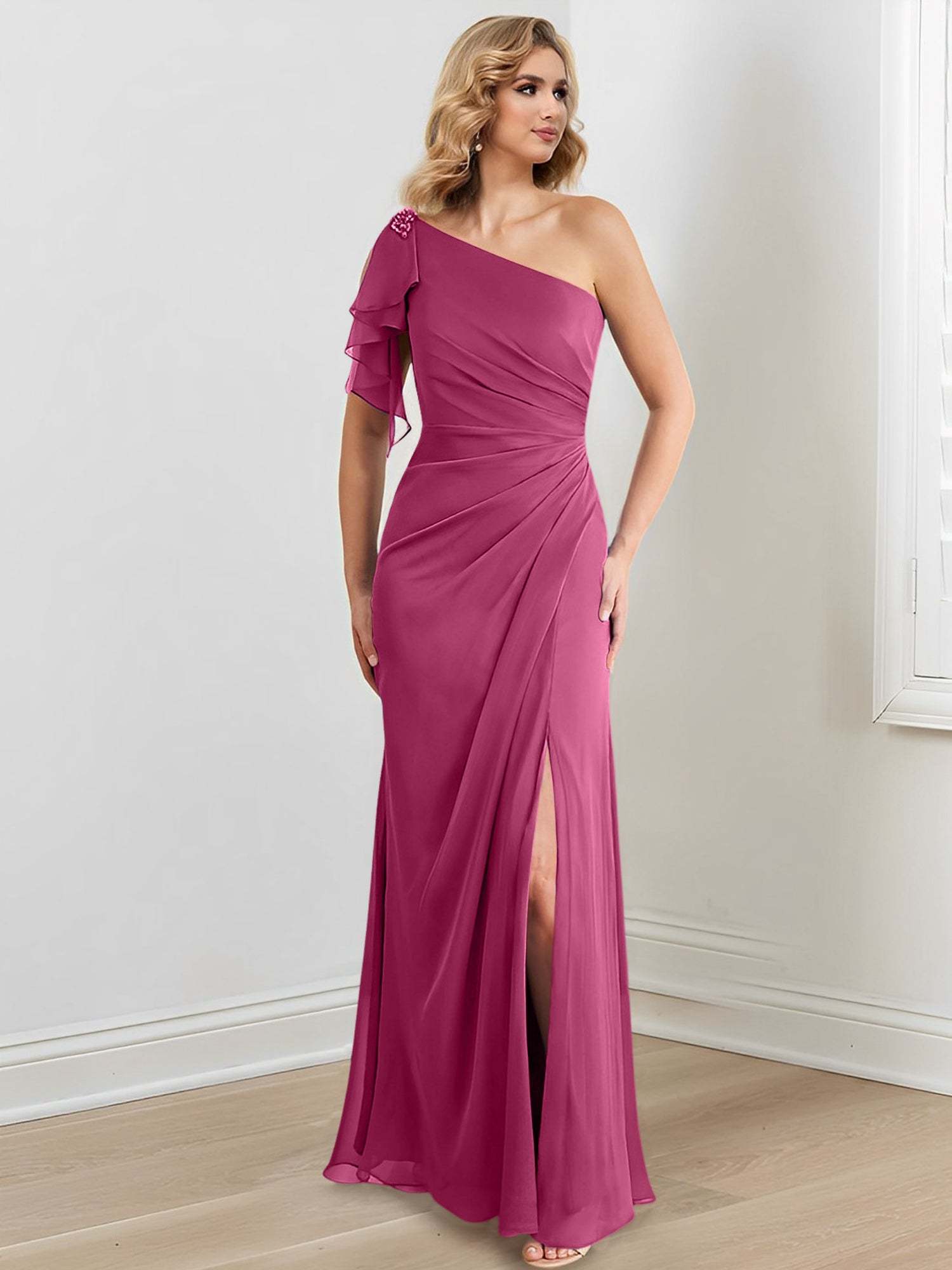 Elegant One-Shoulder Floor-Length Sheath/Column Gown for the Mother of the Bride