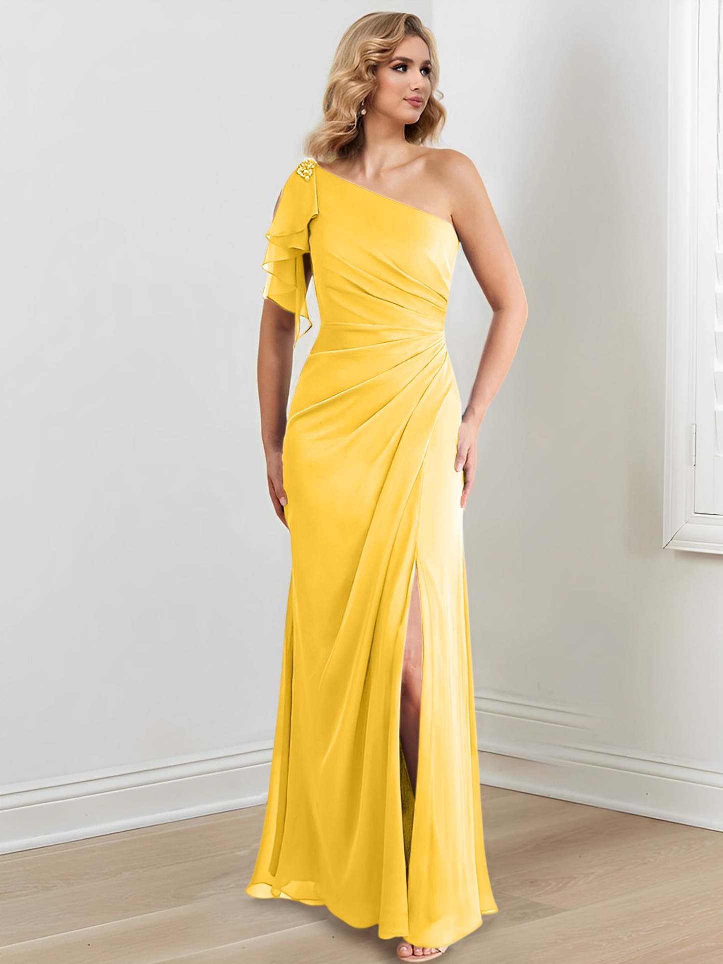 Elegant One-Shoulder Floor-Length Sheath/Column Gown for the Mother of the Bride