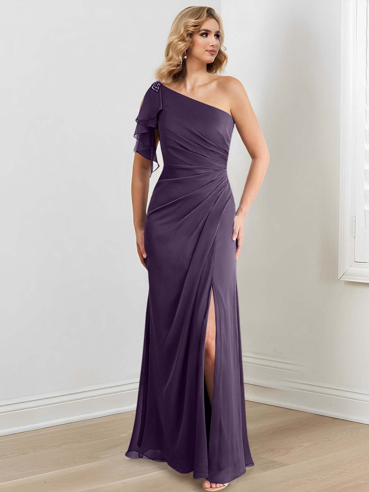 Elegant One-Shoulder Floor-Length Sheath/Column Gown for the Mother of the Bride