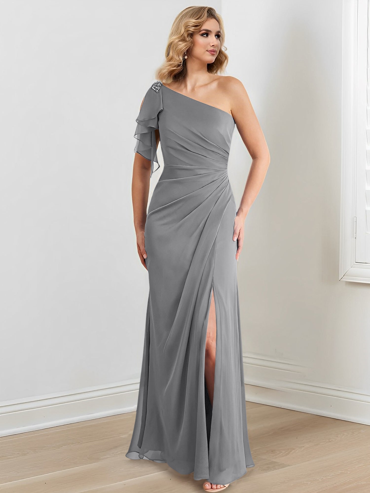 Elegant One-Shoulder Floor-Length Sheath/Column Gown for the Mother of the Bride
