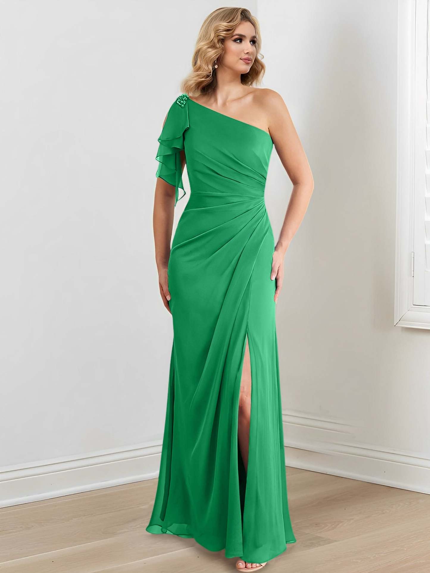 Elegant One-Shoulder Floor-Length Sheath/Column Gown for the Mother of the Bride