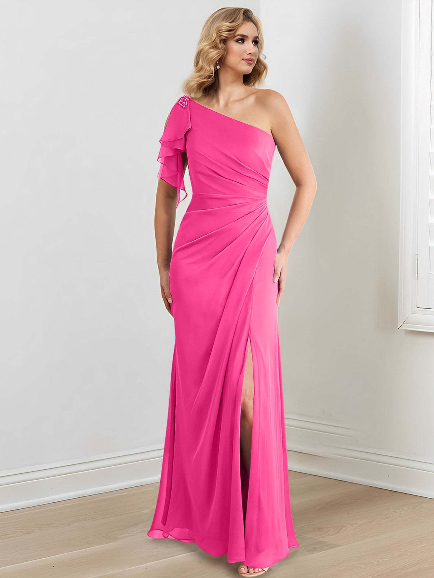 Elegant One-Shoulder Floor-Length Sheath/Column Gown for the Mother of the Bride