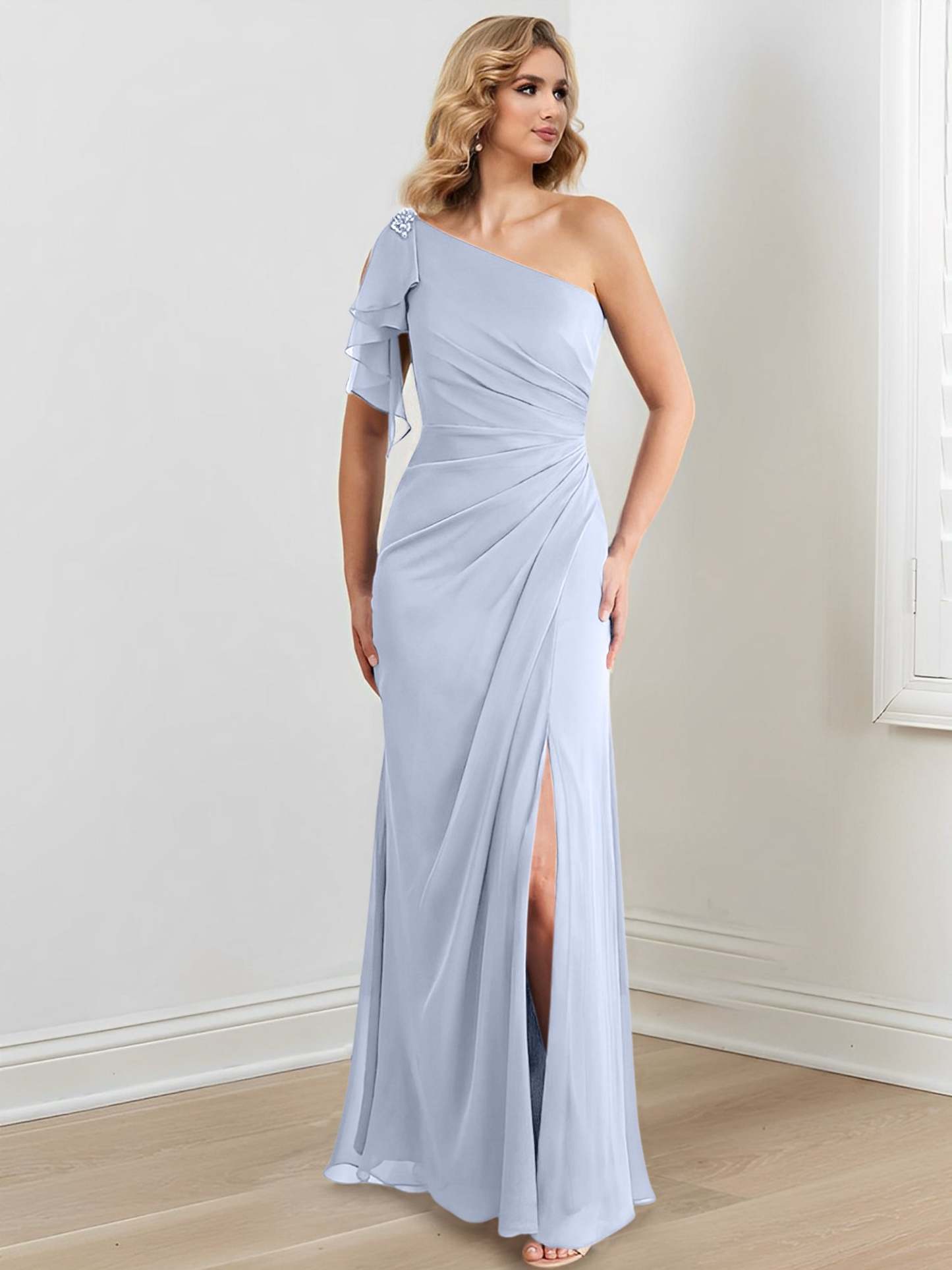 Elegant One-Shoulder Floor-Length Sheath/Column Gown for the Mother of the Bride