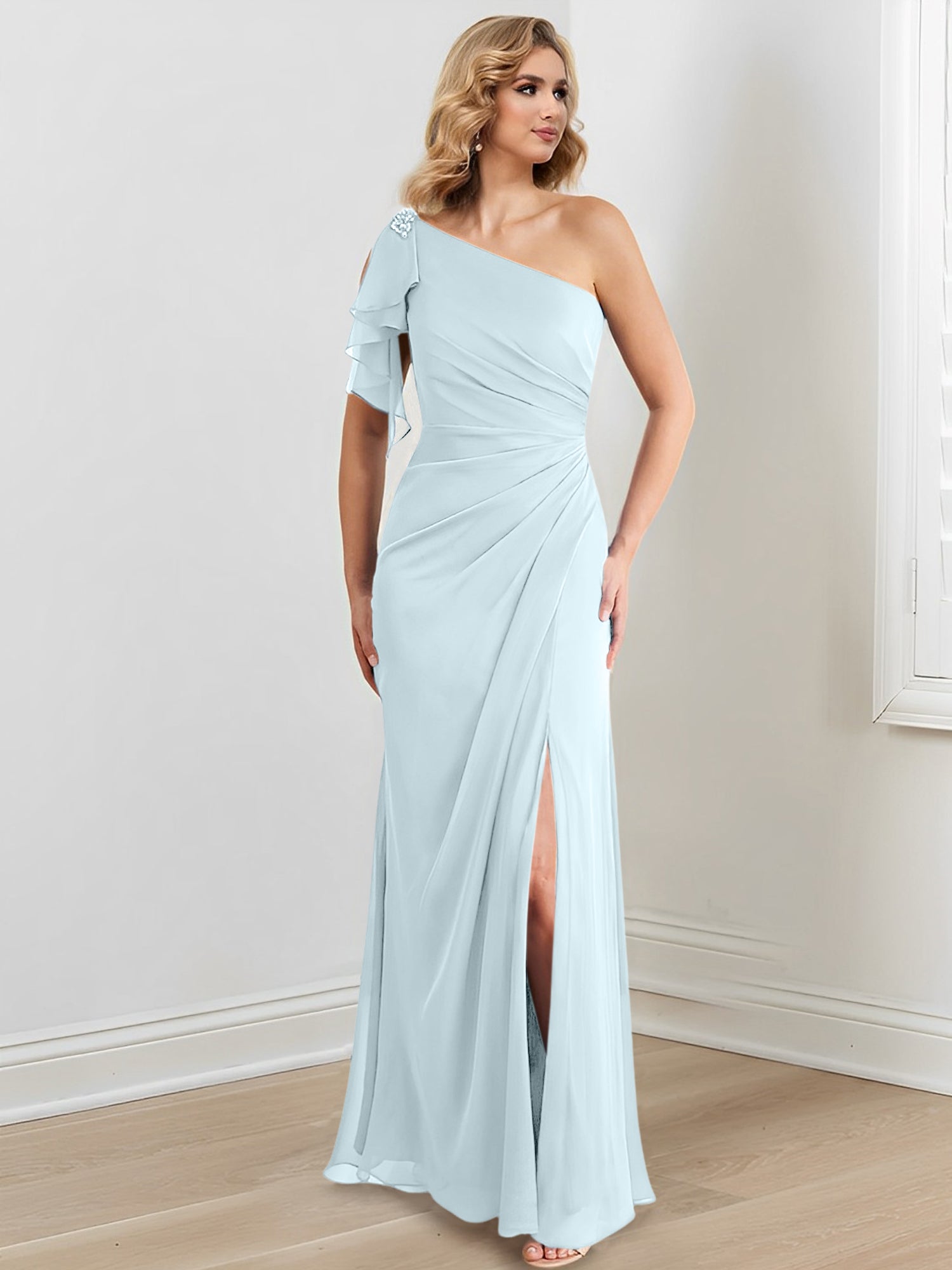 Elegant One-Shoulder Floor-Length Sheath/Column Gown for the Mother of the Bride