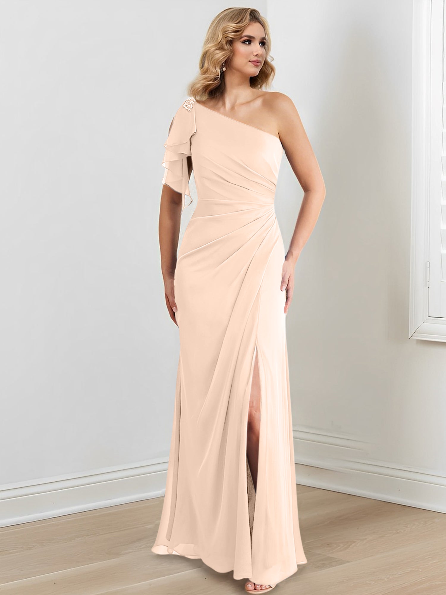 Elegant One-Shoulder Floor-Length Sheath/Column Gown for the Mother of the Bride