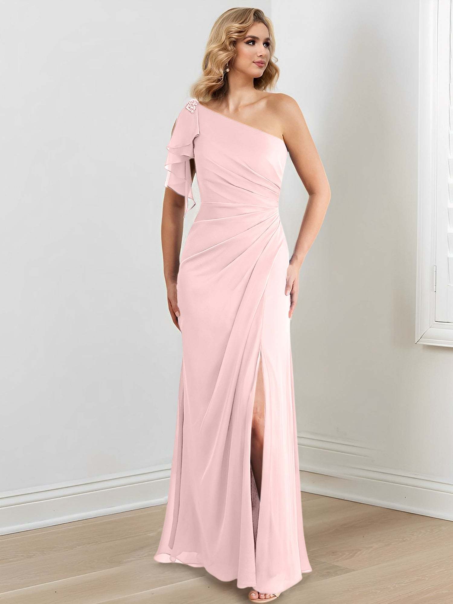 Elegant One-Shoulder Floor-Length Sheath/Column Gown for the Mother of the Bride
