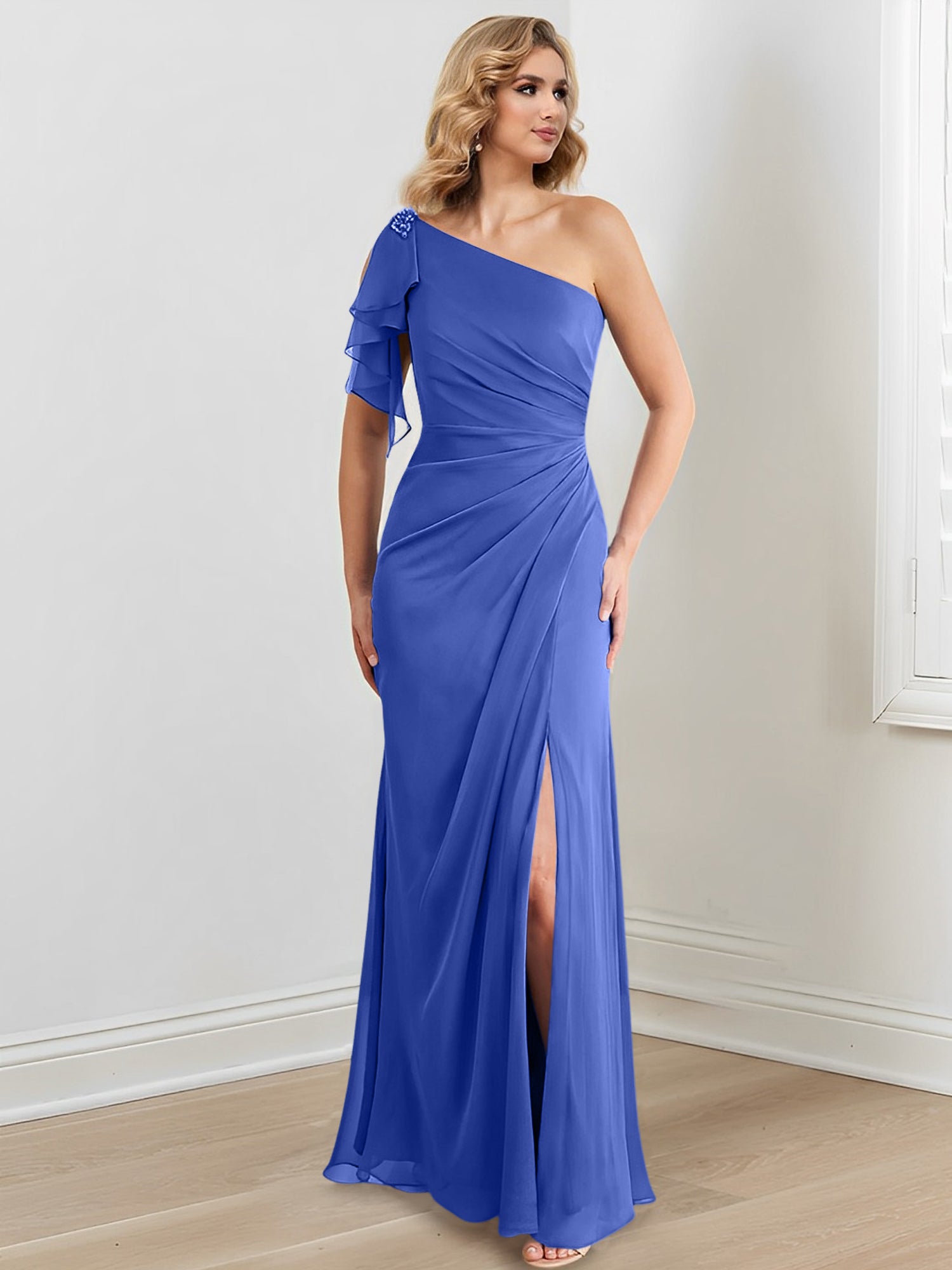 Elegant One-Shoulder Floor-Length Sheath/Column Gown for the Mother of the Bride