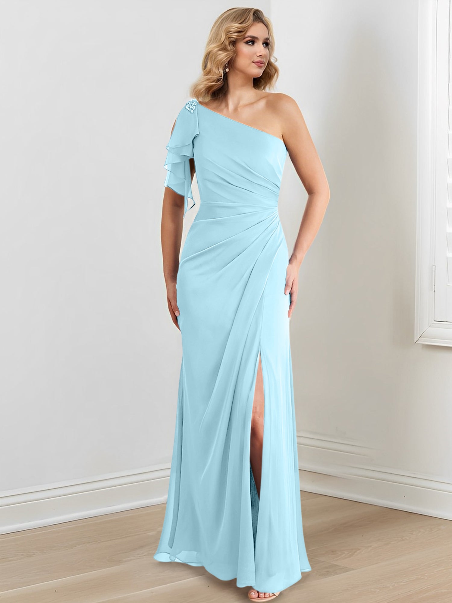 Elegant One-Shoulder Floor-Length Sheath/Column Gown for the Mother of the Bride