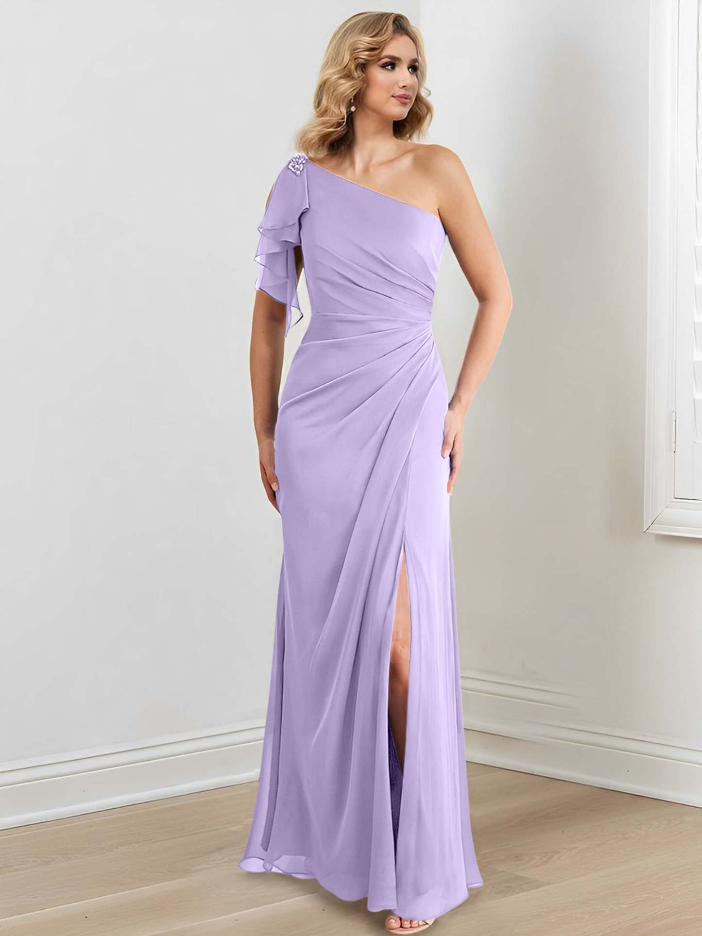 Elegant One-Shoulder Floor-Length Sheath/Column Gown for the Mother of the Bride