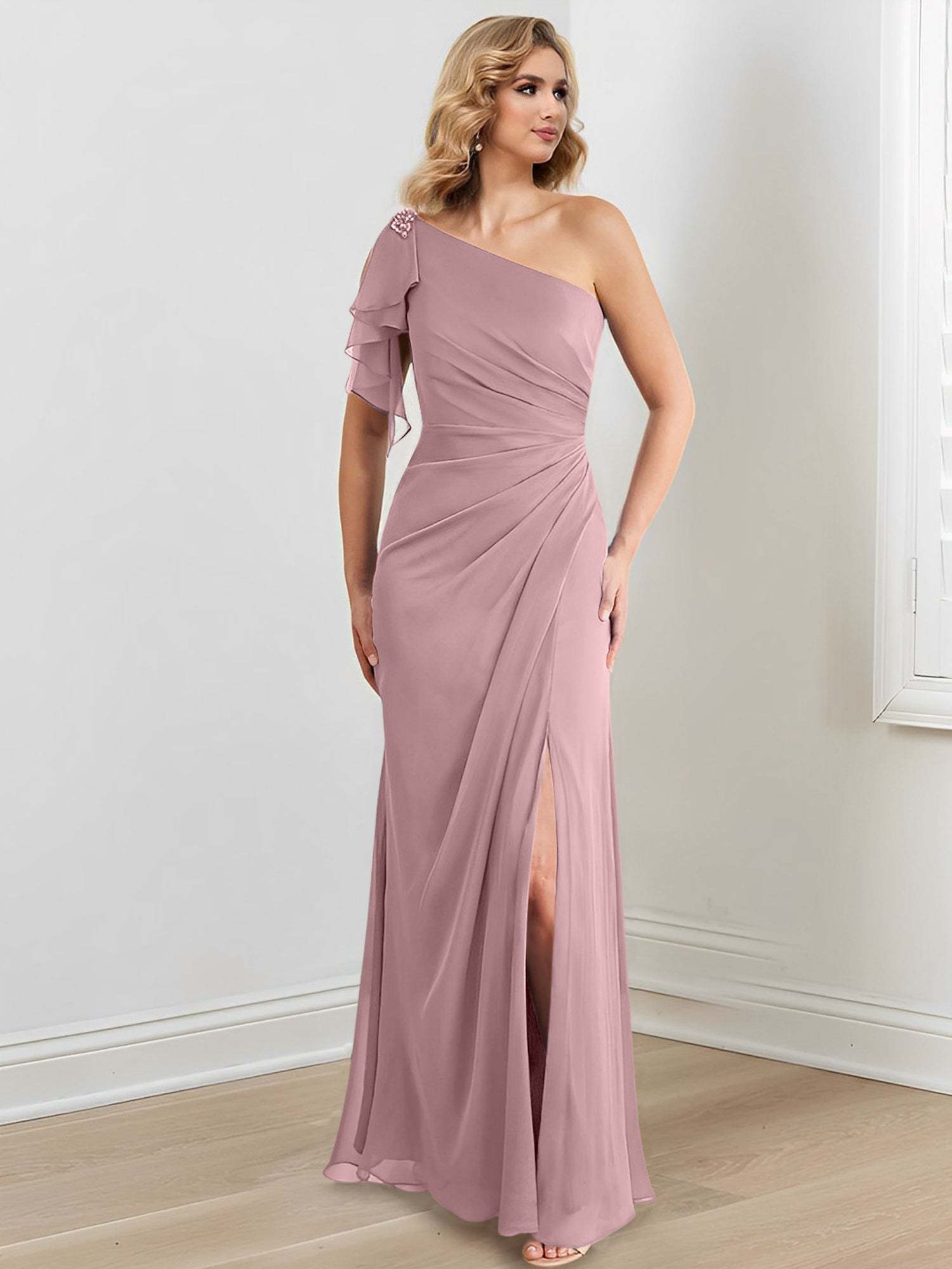 Elegant One-Shoulder Floor-Length Sheath/Column Gown for the Mother of the Bride