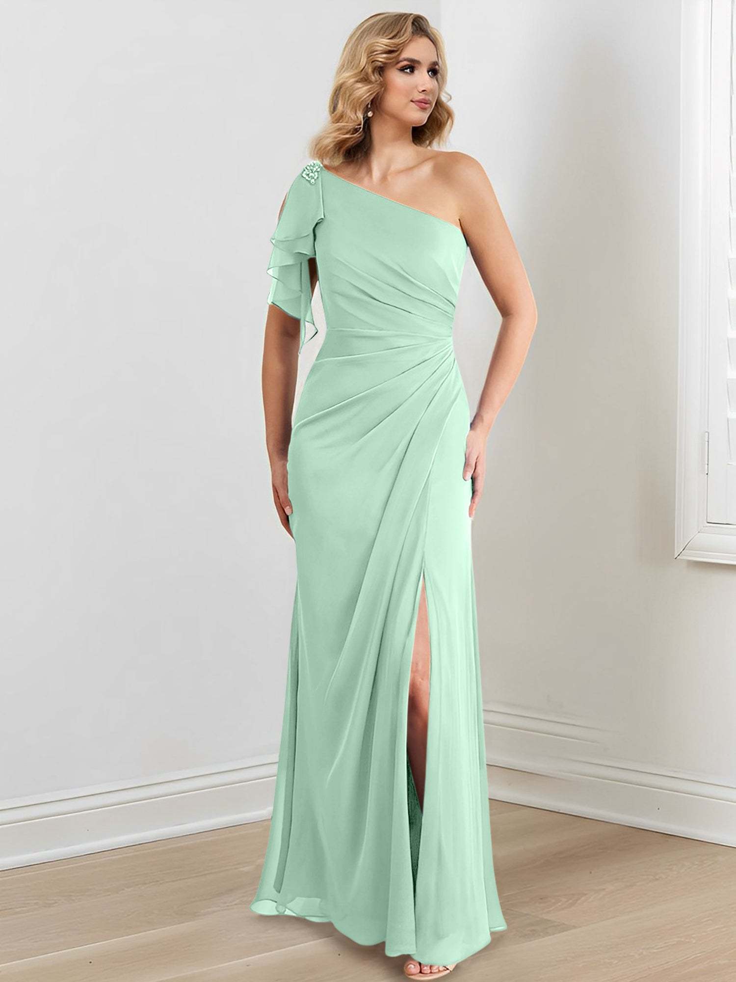 Elegant One-Shoulder Floor-Length Sheath/Column Gown for the Mother of the Bride
