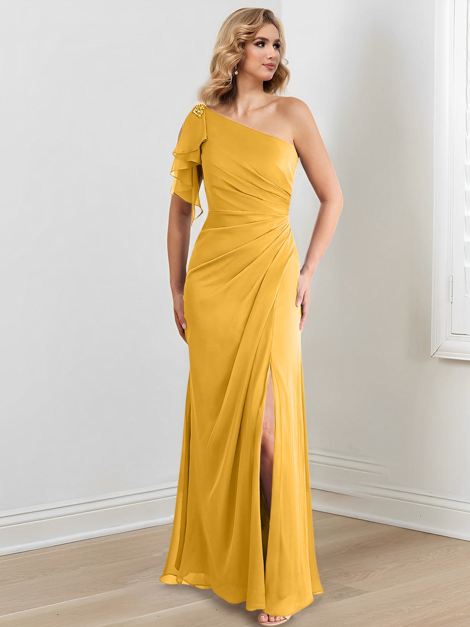 Elegant One-Shoulder Floor-Length Sheath/Column Gown for the Mother of the Bride