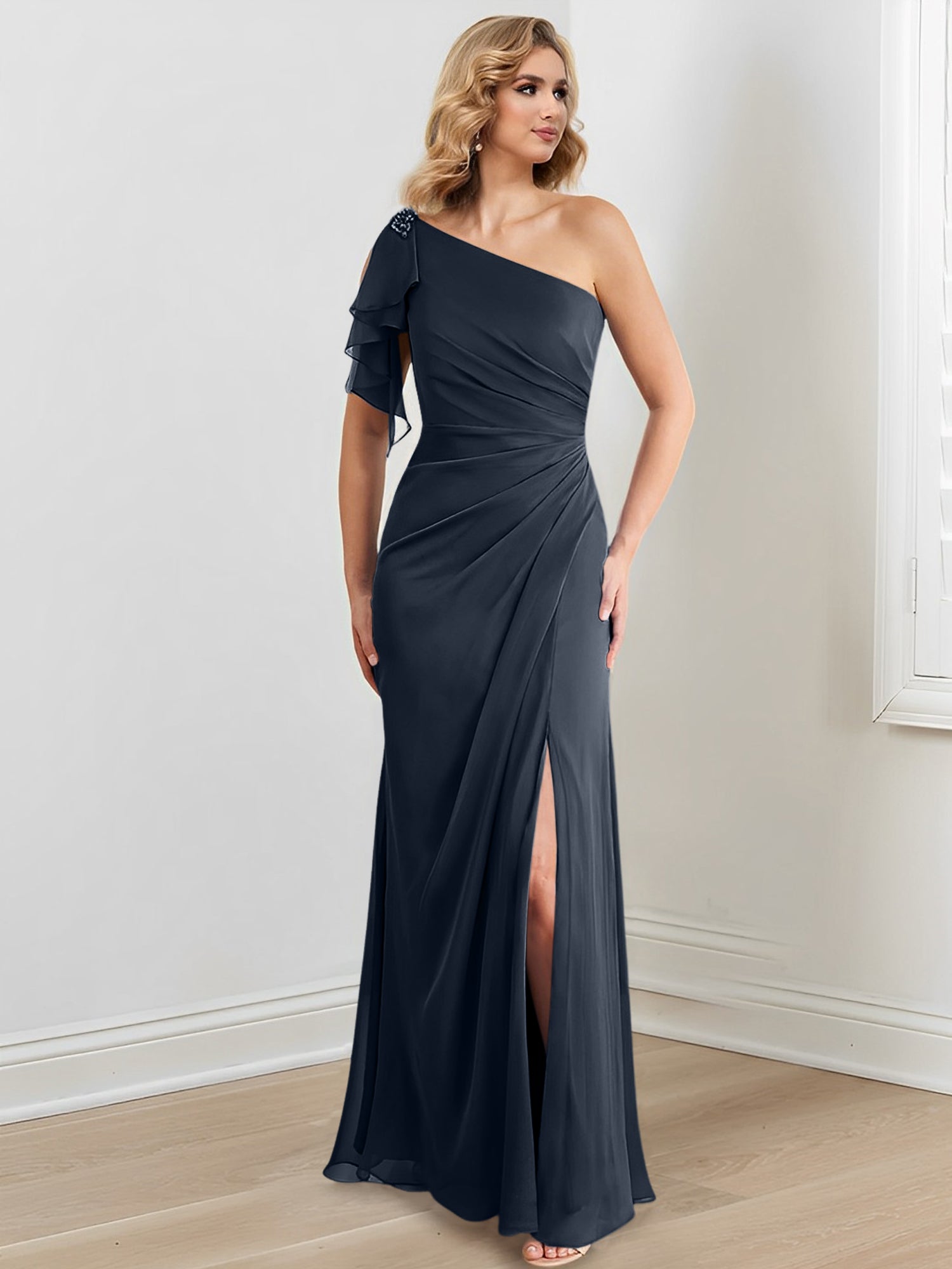 Elegant One-Shoulder Floor-Length Sheath/Column Gown for the Mother of the Bride