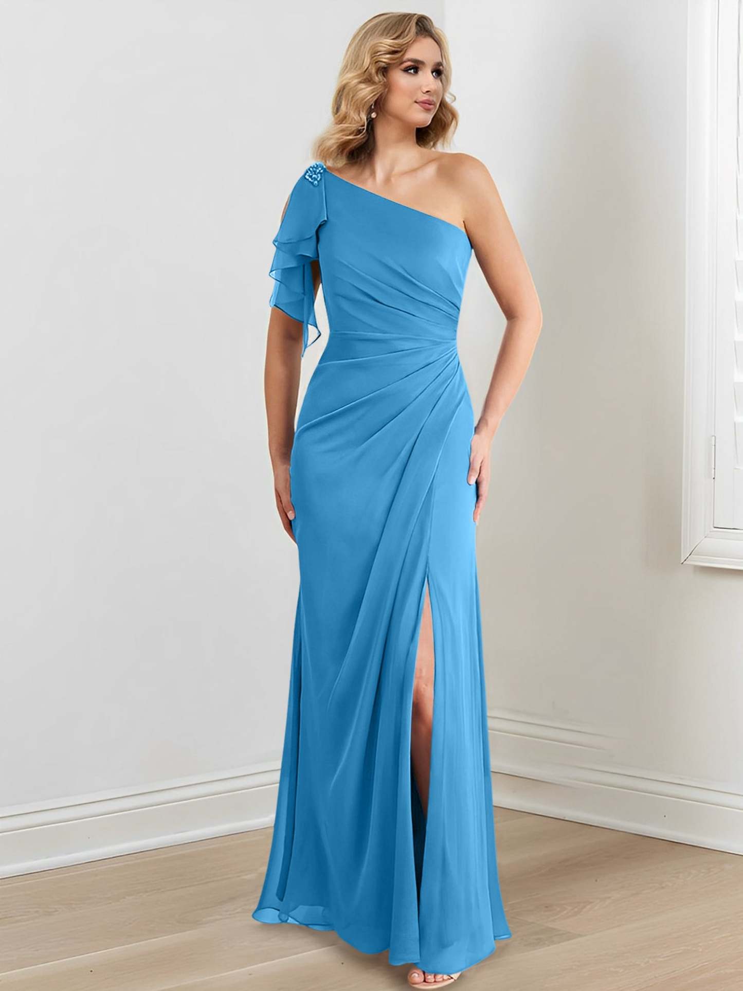 Elegant One-Shoulder Floor-Length Sheath/Column Gown for the Mother of the Bride
