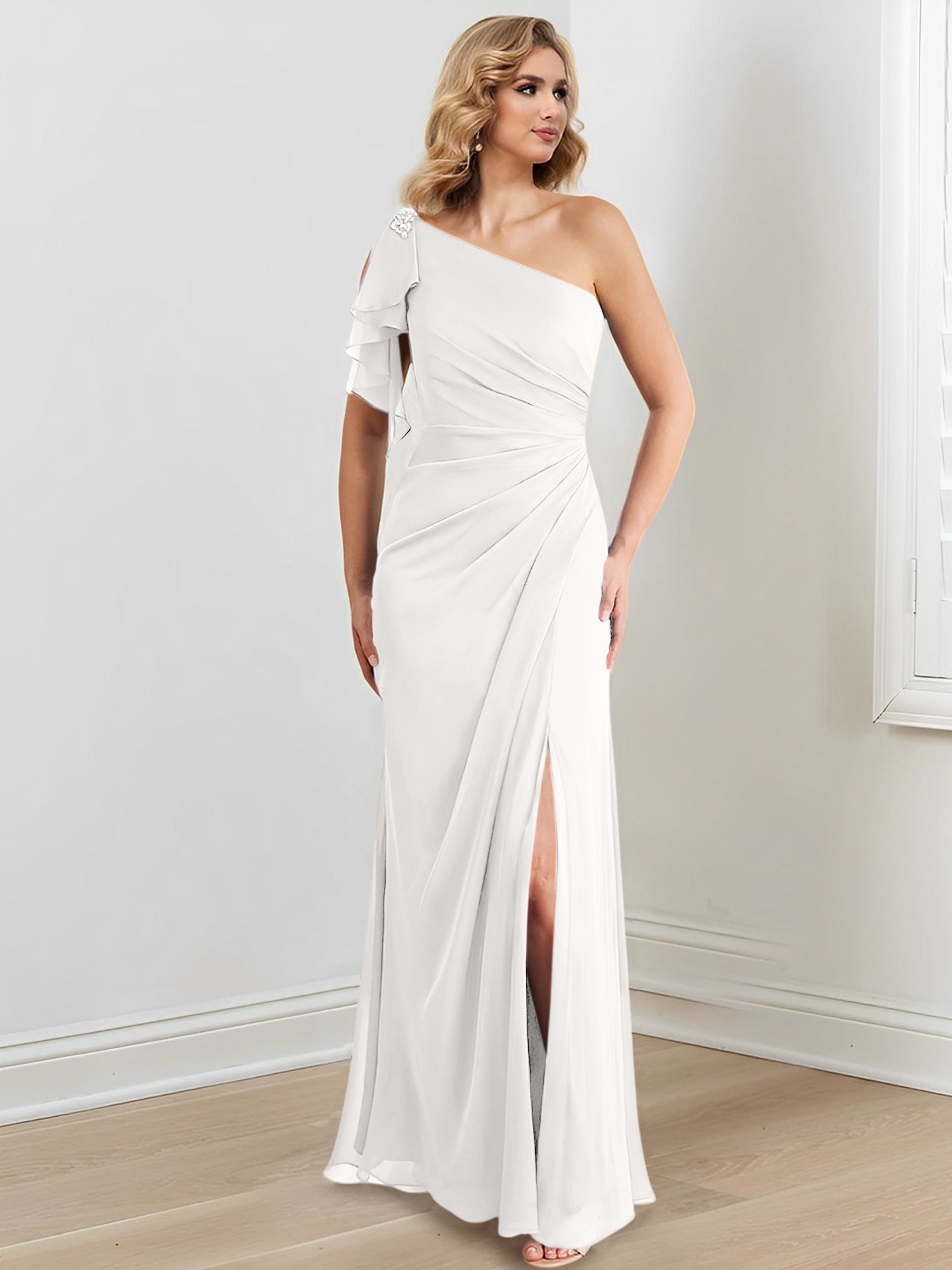 Elegant One-Shoulder Floor-Length Sheath/Column Gown for the Mother of the Bride