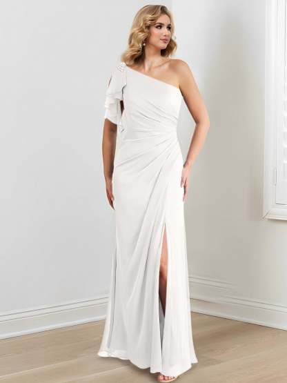 Elegant One-Shoulder Floor-Length Sheath/Column Gown for the Mother of the Bride