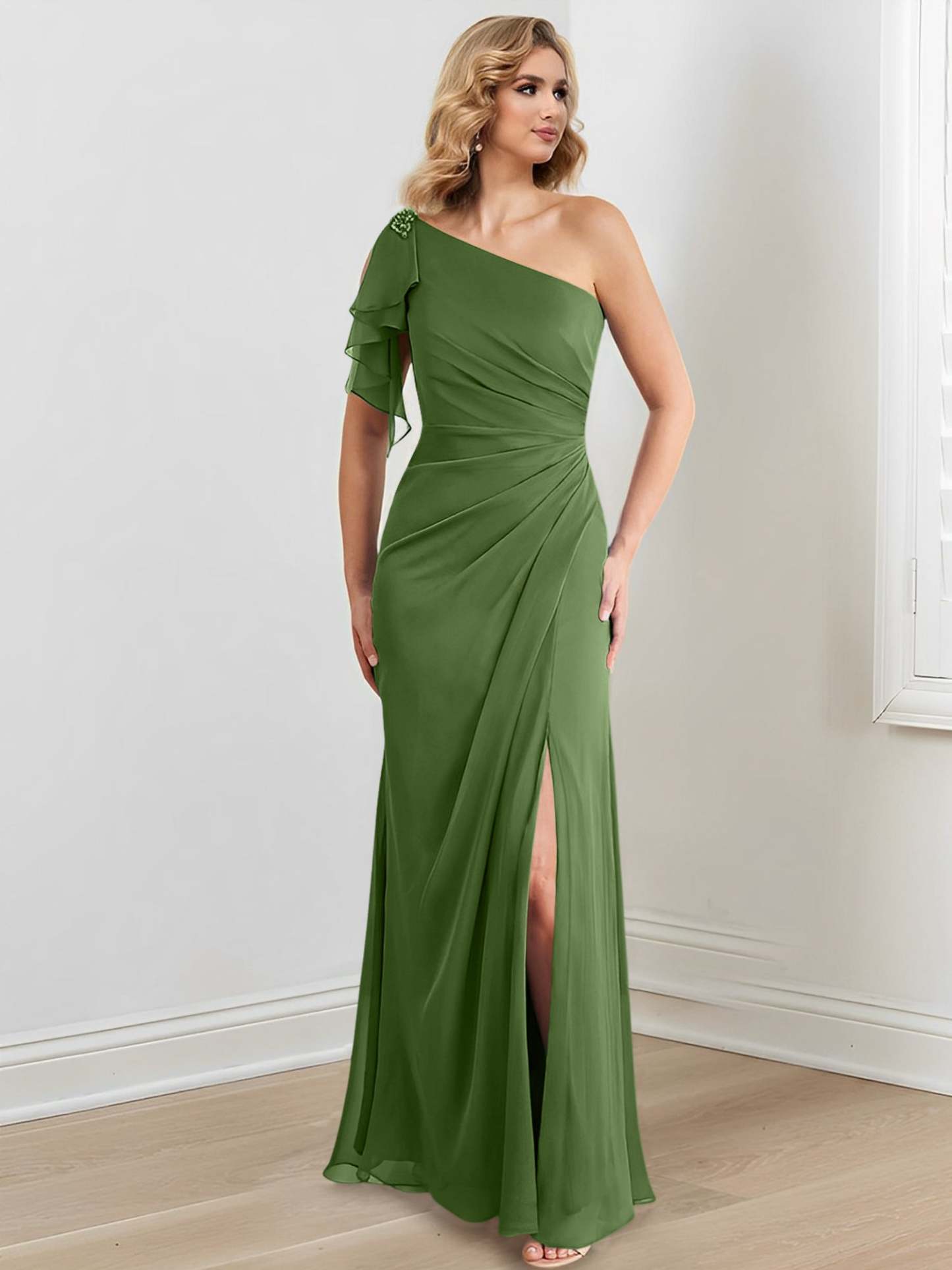 Elegant One-Shoulder Floor-Length Sheath/Column Gown for the Mother of the Bride