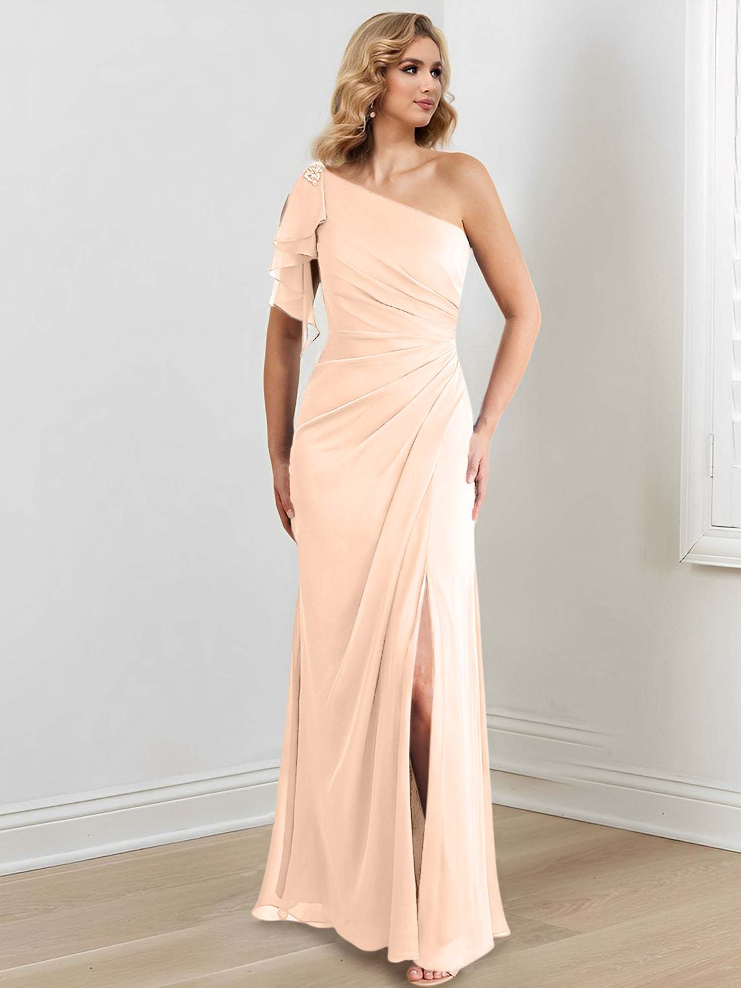Elegant One-Shoulder Floor-Length Sheath/Column Gown for the Mother of the Bride