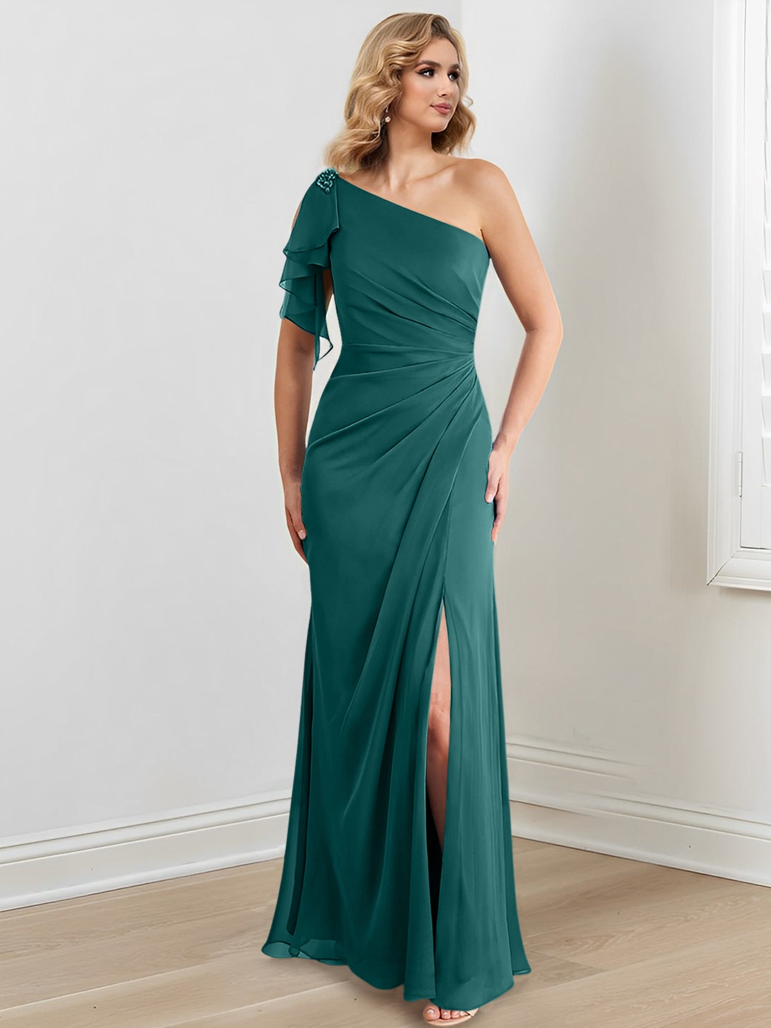 Elegant One-Shoulder Floor-Length Sheath/Column Gown for the Mother of the Bride