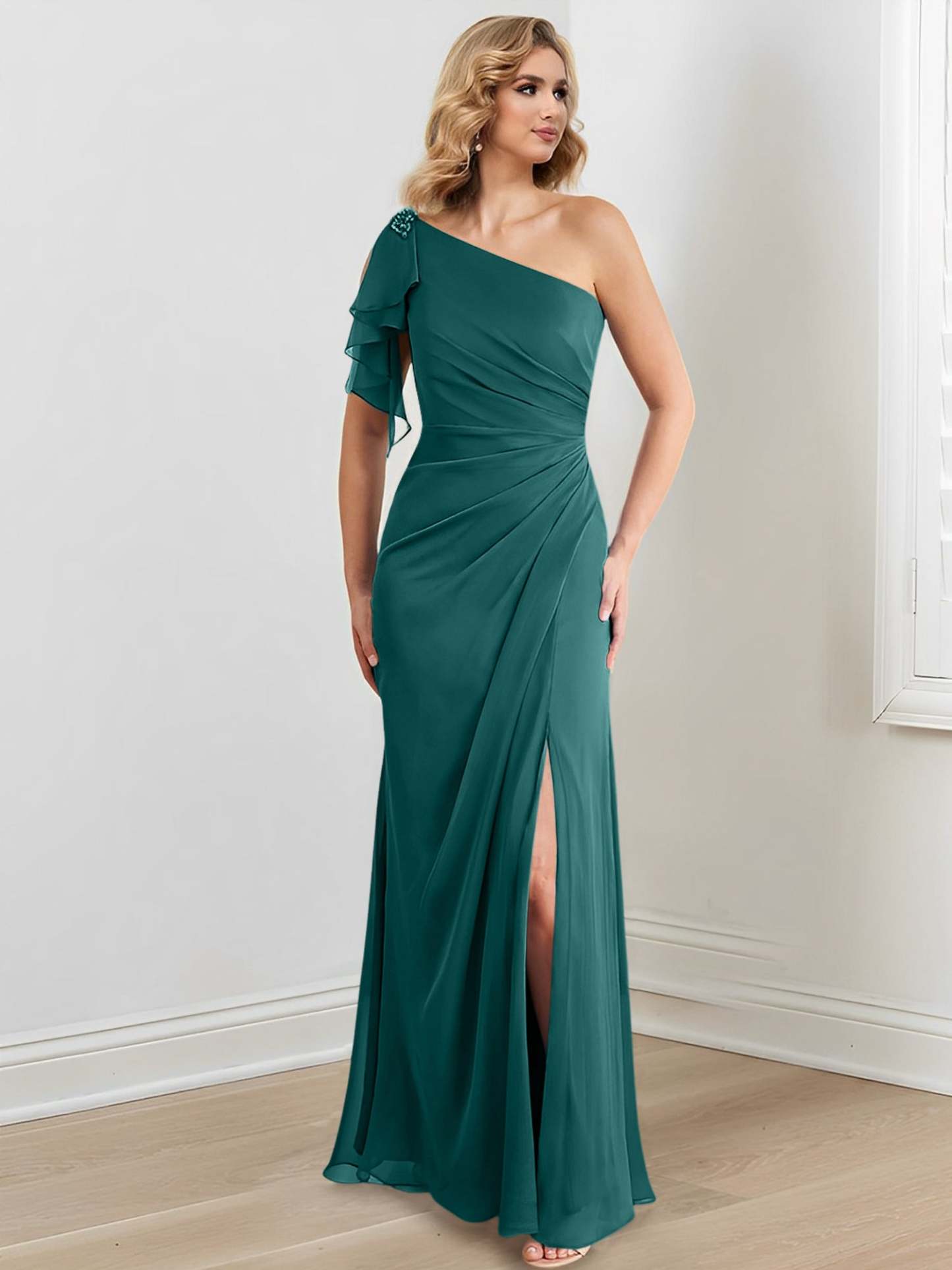 Elegant One-Shoulder Floor-Length Sheath/Column Gown for the Mother of the Bride