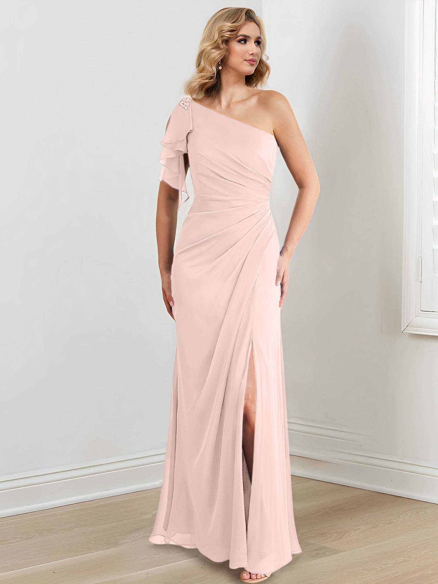 Elegant One-Shoulder Floor-Length Sheath/Column Gown for the Mother of the Bride