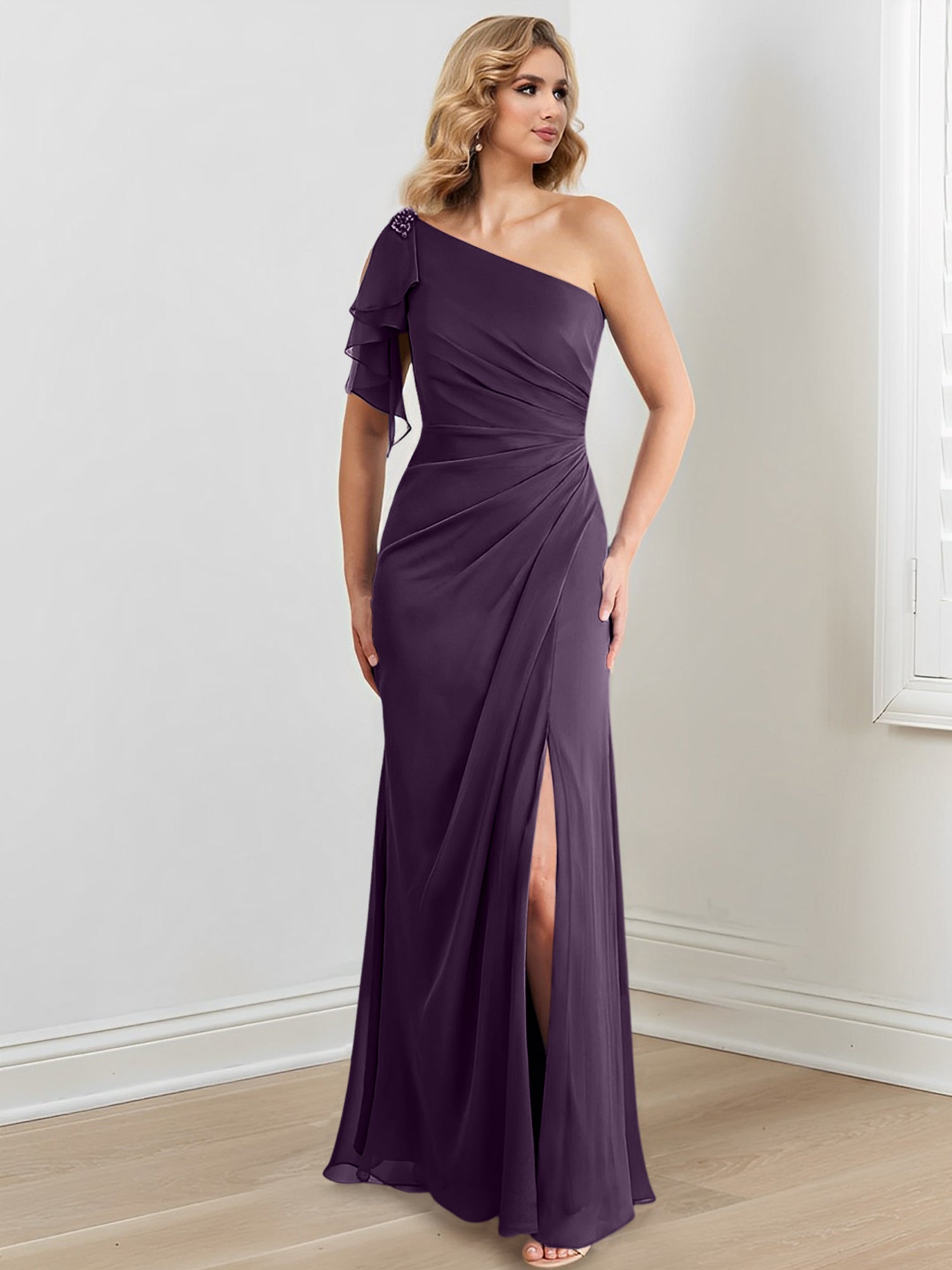 Elegant One-Shoulder Floor-Length Sheath/Column Gown for the Mother of the Bride