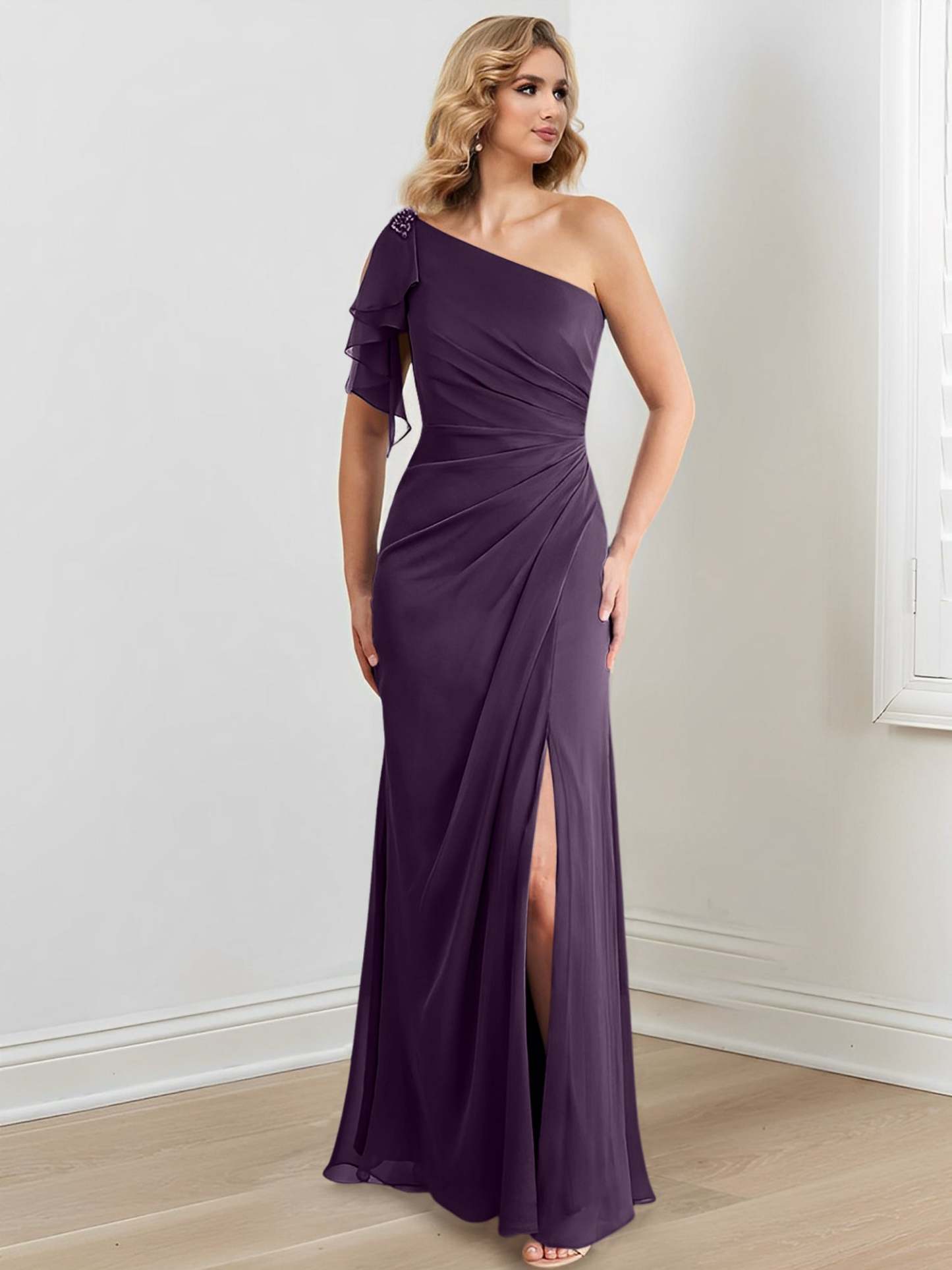 Elegant One-Shoulder Floor-Length Sheath/Column Gown for the Mother of the Bride