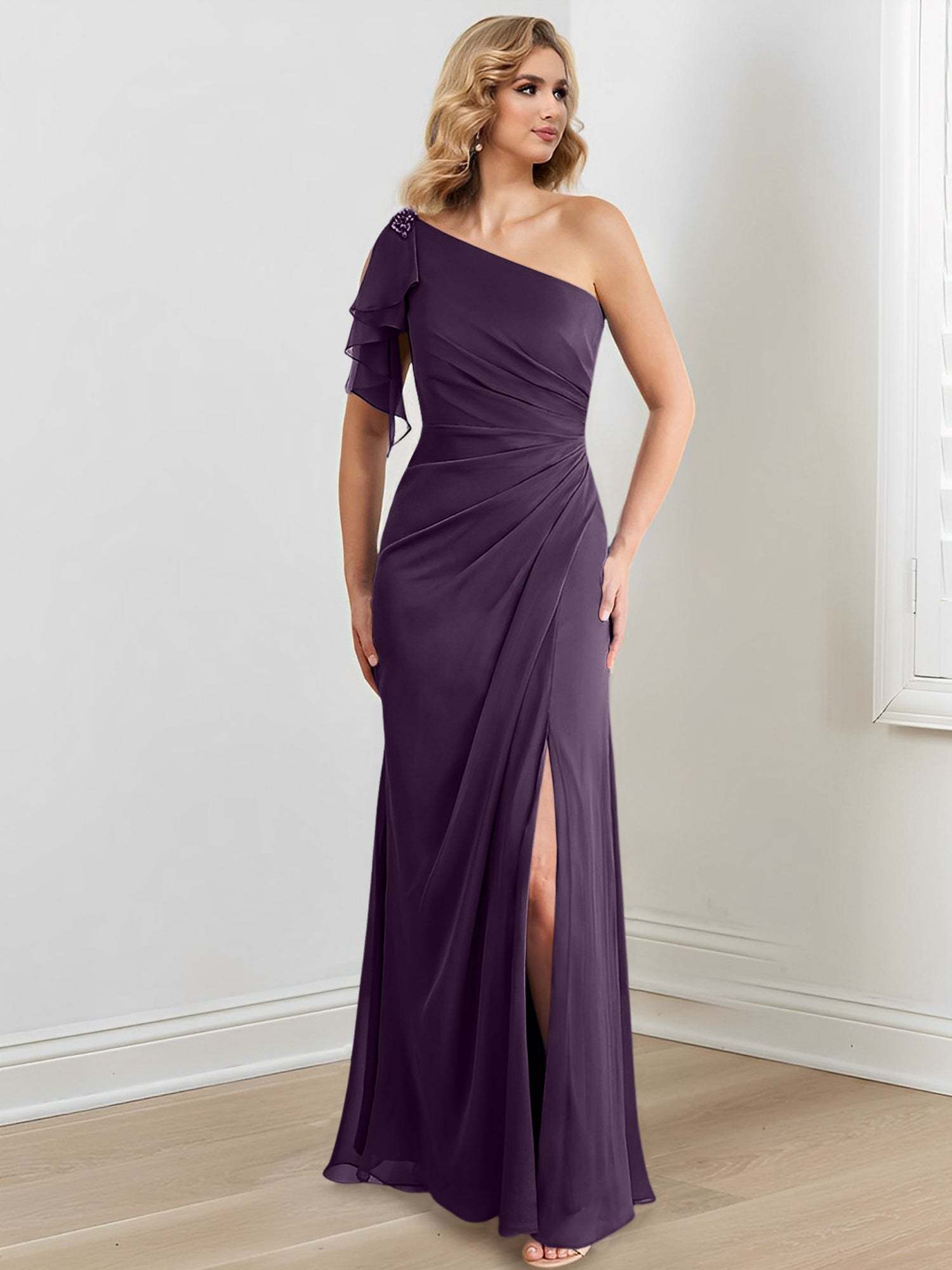 Elegant One-Shoulder Floor-Length Sheath/Column Gown for the Mother of the Bride