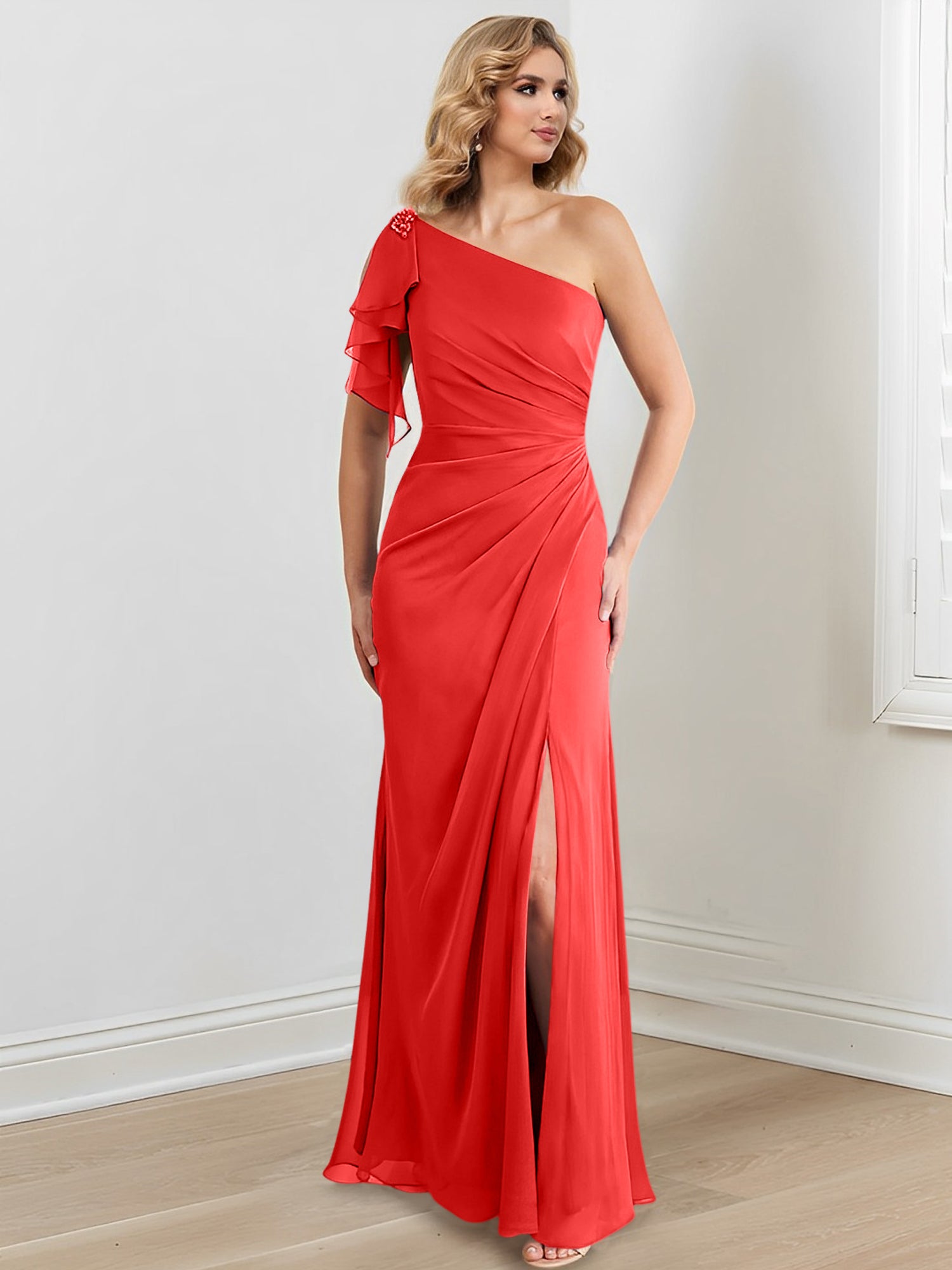 Elegant One-Shoulder Floor-Length Sheath/Column Gown for the Mother of the Bride