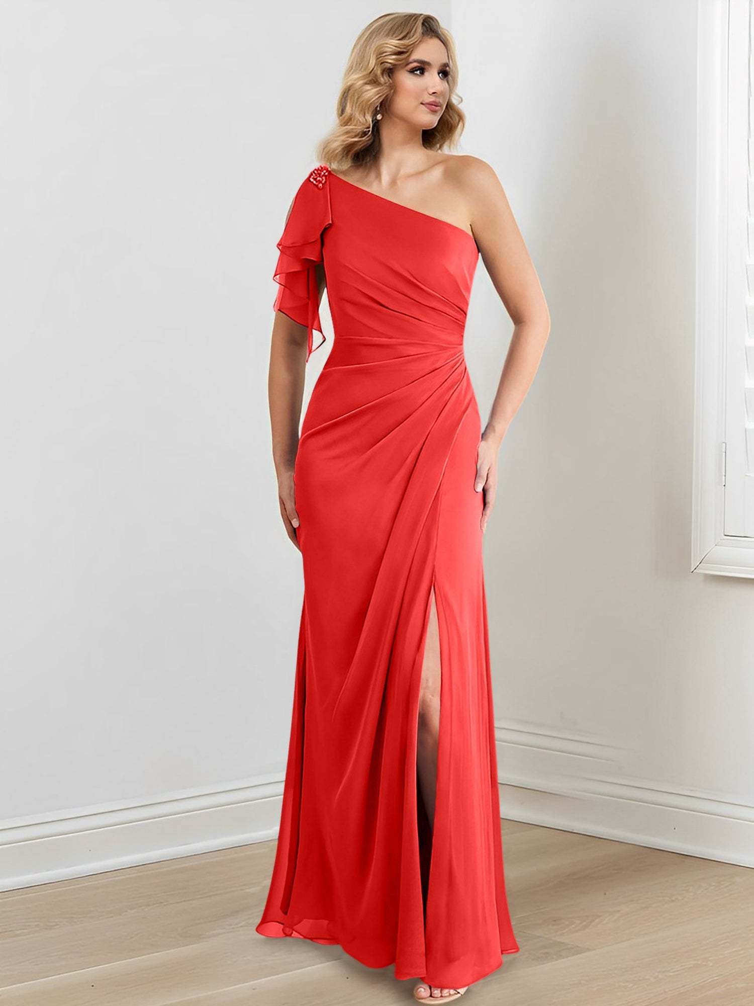 Elegant One-Shoulder Floor-Length Sheath/Column Gown for the Mother of the Bride