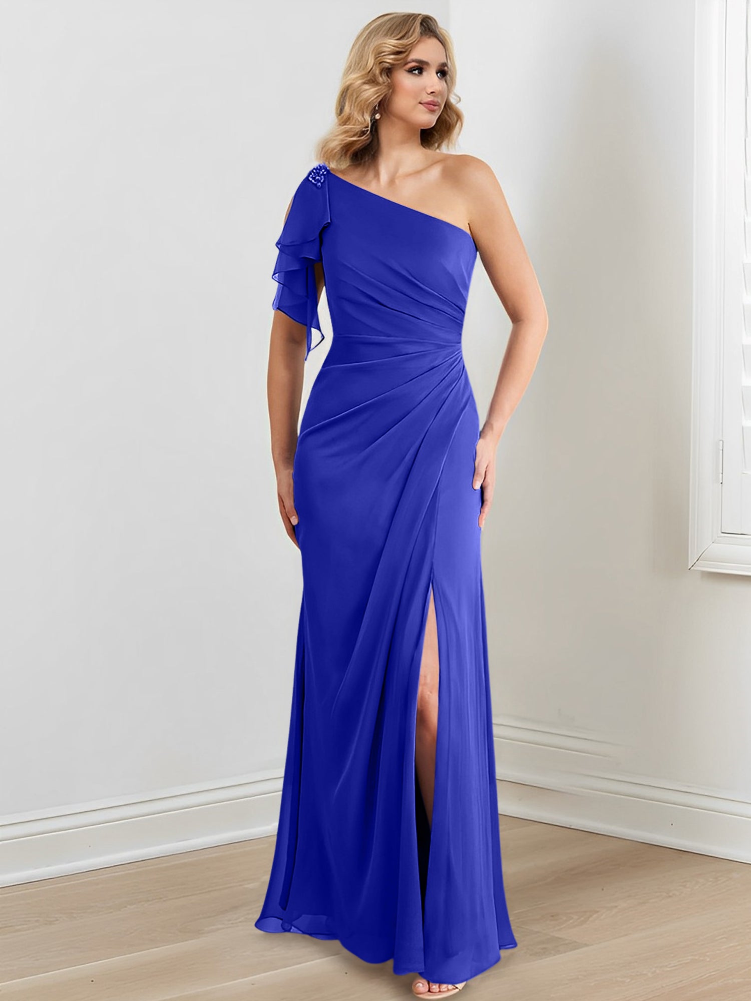 Elegant One-Shoulder Floor-Length Sheath/Column Gown for the Mother of the Bride