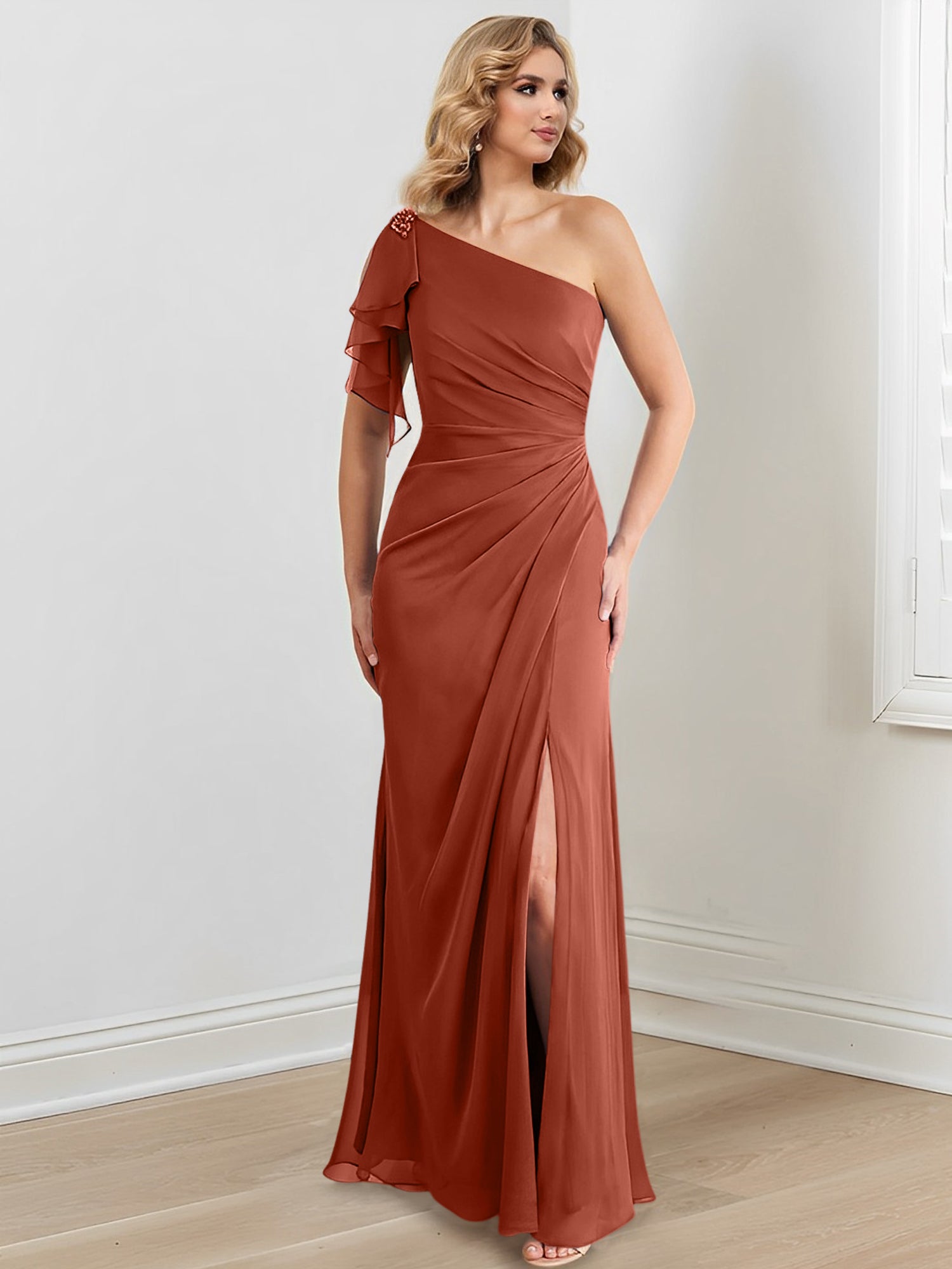 Elegant One-Shoulder Floor-Length Sheath/Column Gown for the Mother of the Bride