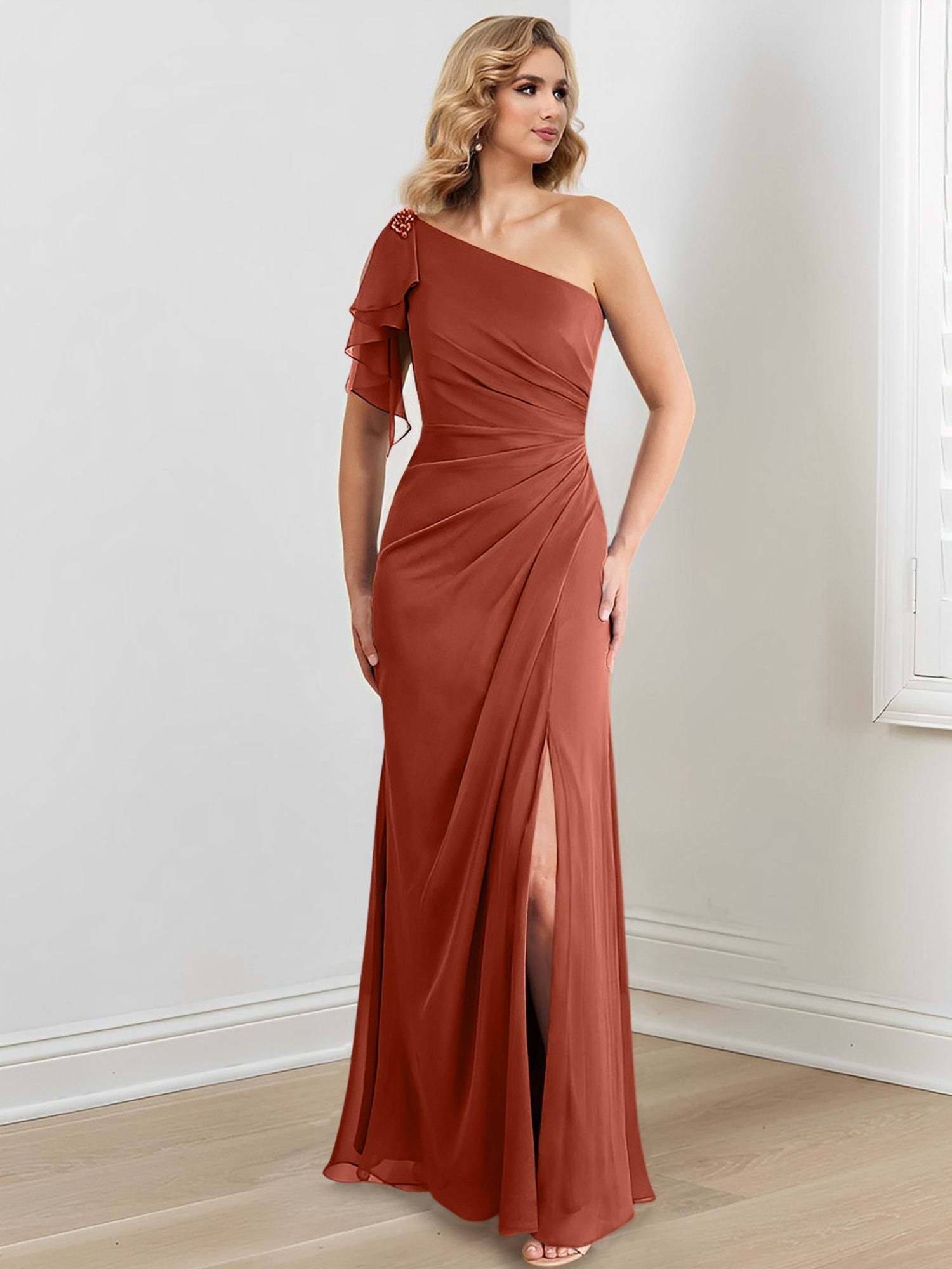 Elegant One-Shoulder Floor-Length Sheath/Column Gown for the Mother of the Bride