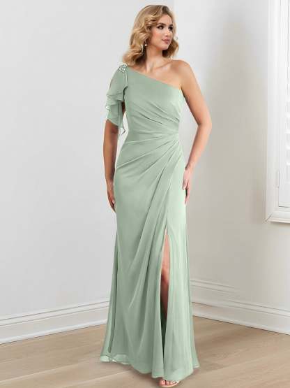 Elegant One-Shoulder Floor-Length Sheath/Column Gown for the Mother of the Bride