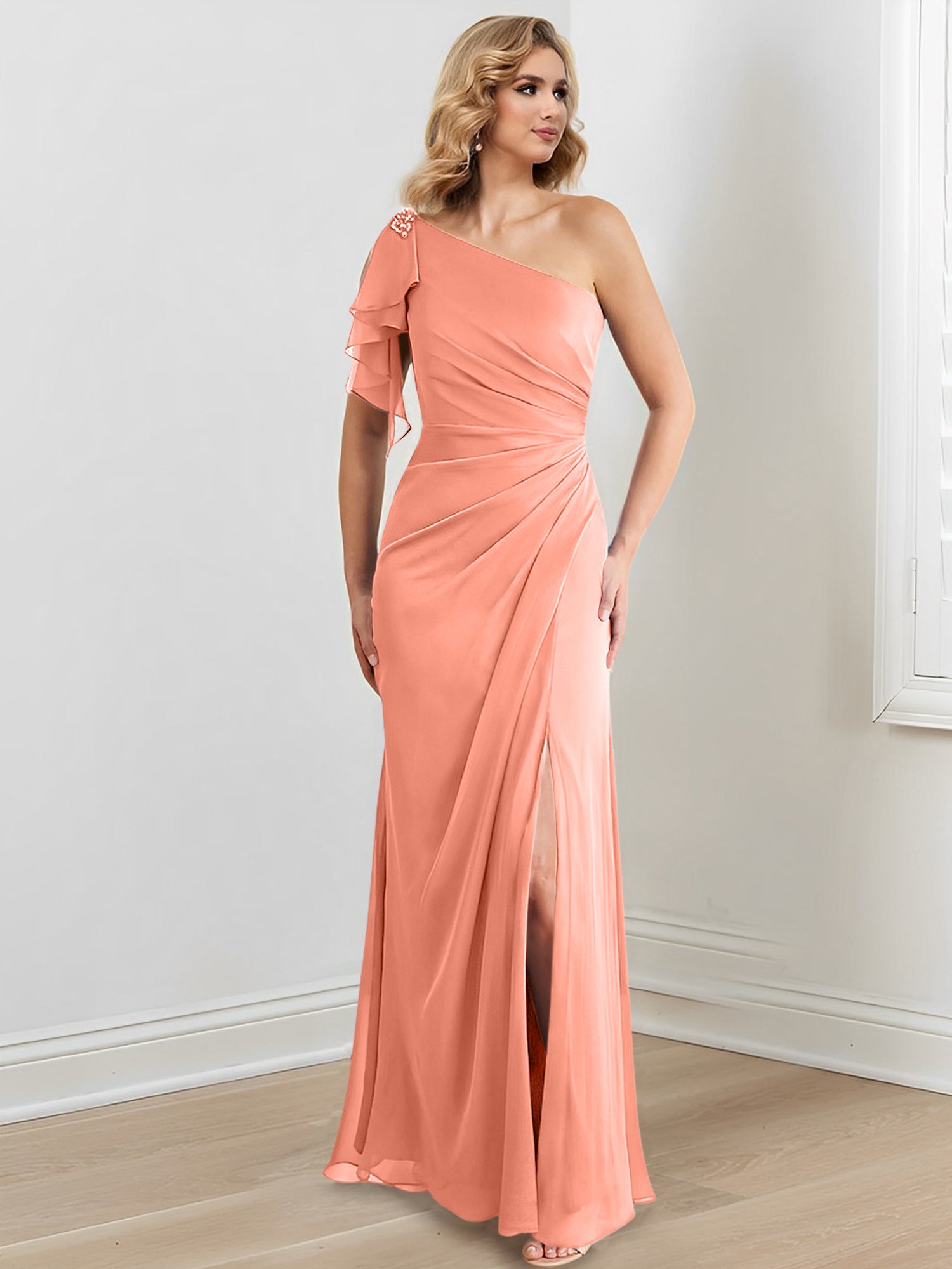 Elegant One-Shoulder Floor-Length Sheath/Column Gown for the Mother of the Bride
