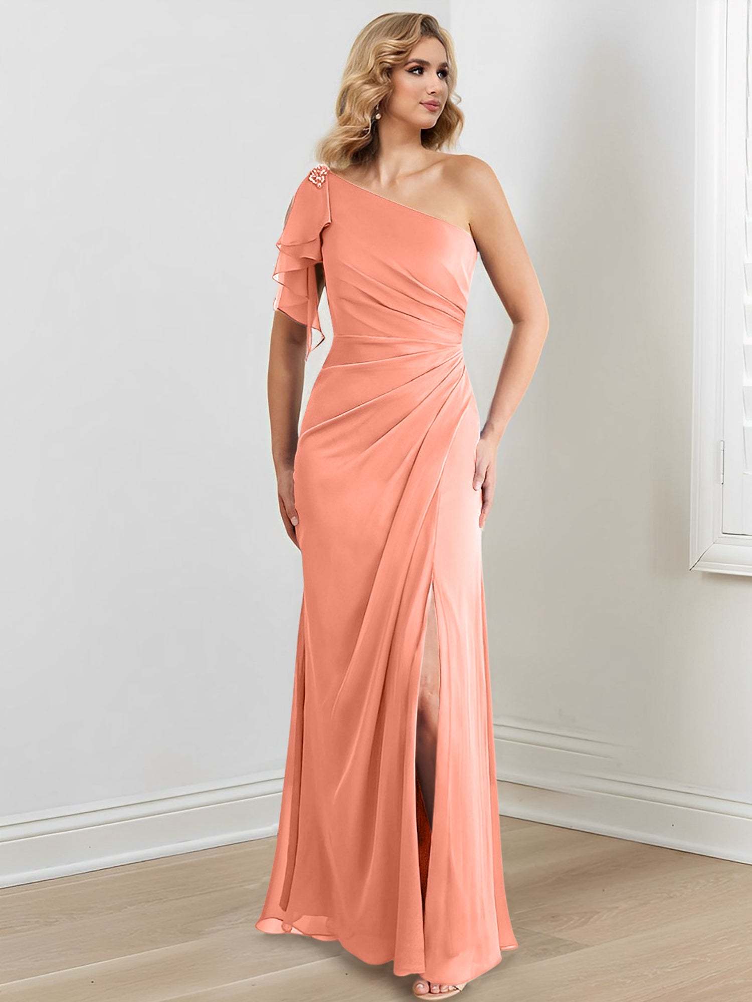 Elegant One-Shoulder Floor-Length Sheath/Column Gown for the Mother of the Bride