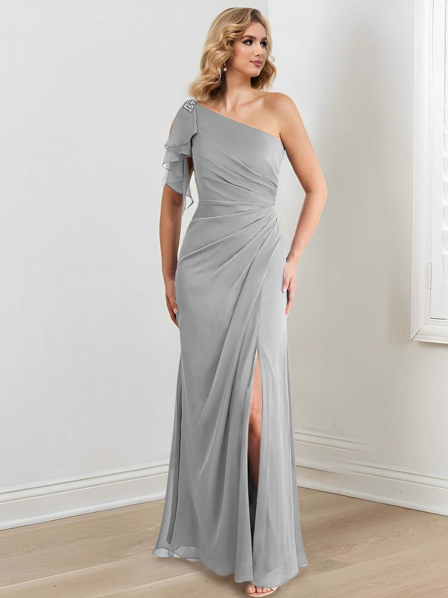 Elegant One-Shoulder Floor-Length Sheath/Column Gown for the Mother of the Bride