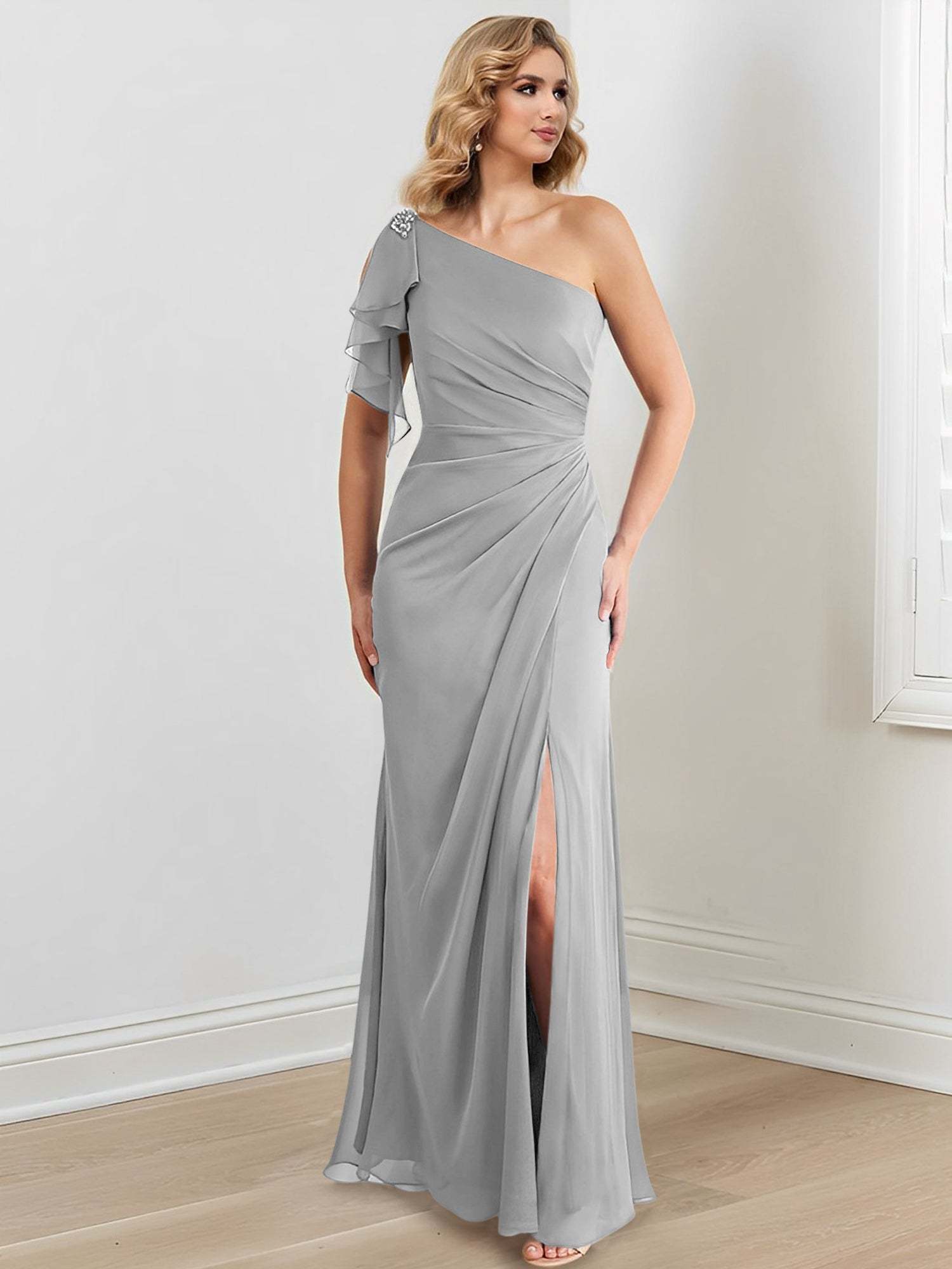 Elegant One-Shoulder Floor-Length Sheath/Column Gown for the Mother of the Bride